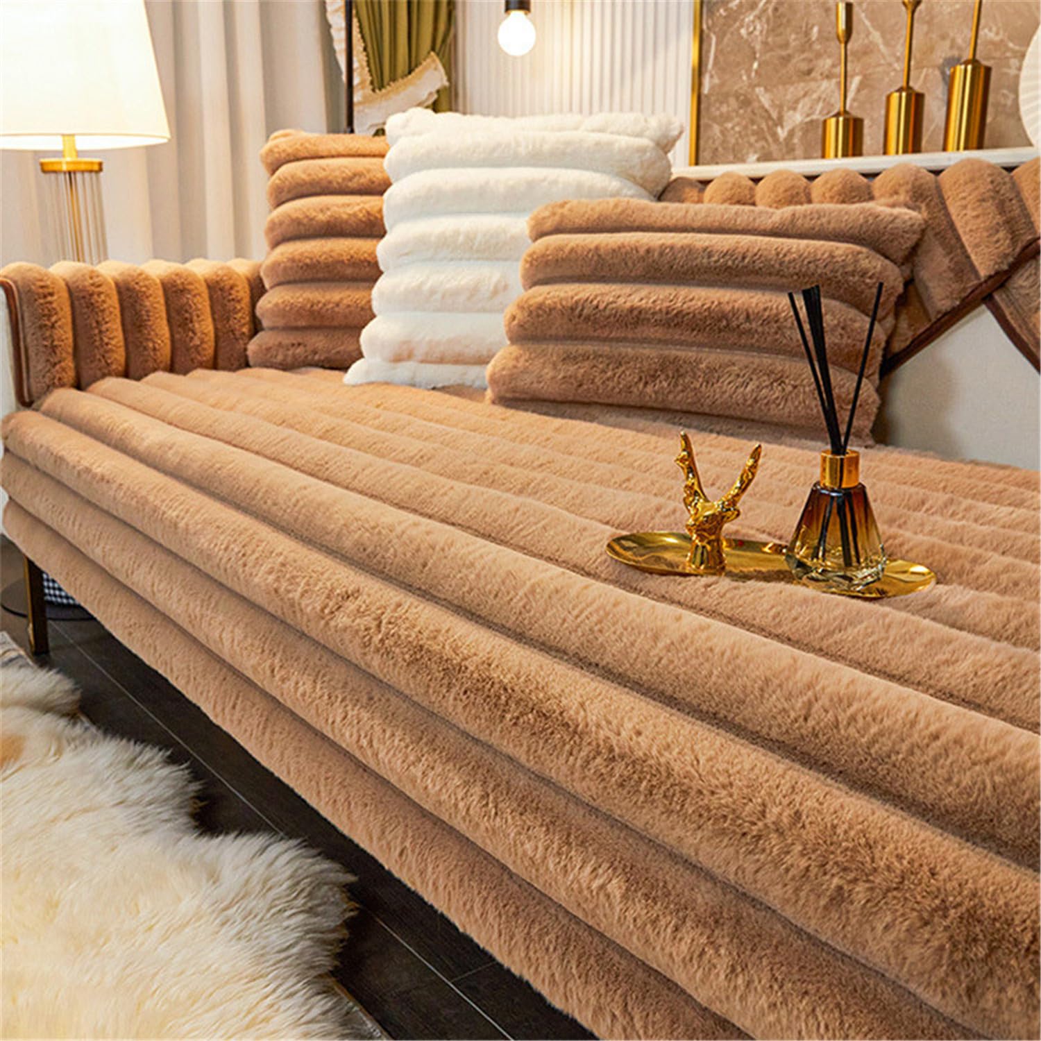 LINGKY Thick Rabbit Plush Sofa Covers 1 2 3 Seater, Non-Slip Sofa Slipcovers For Corner L Shape, Funny Fuzzy Sofa Cover, Warm Velvet Sofa Cushion Covers, Washable Furniture Protector (Coffee,70x90cm)