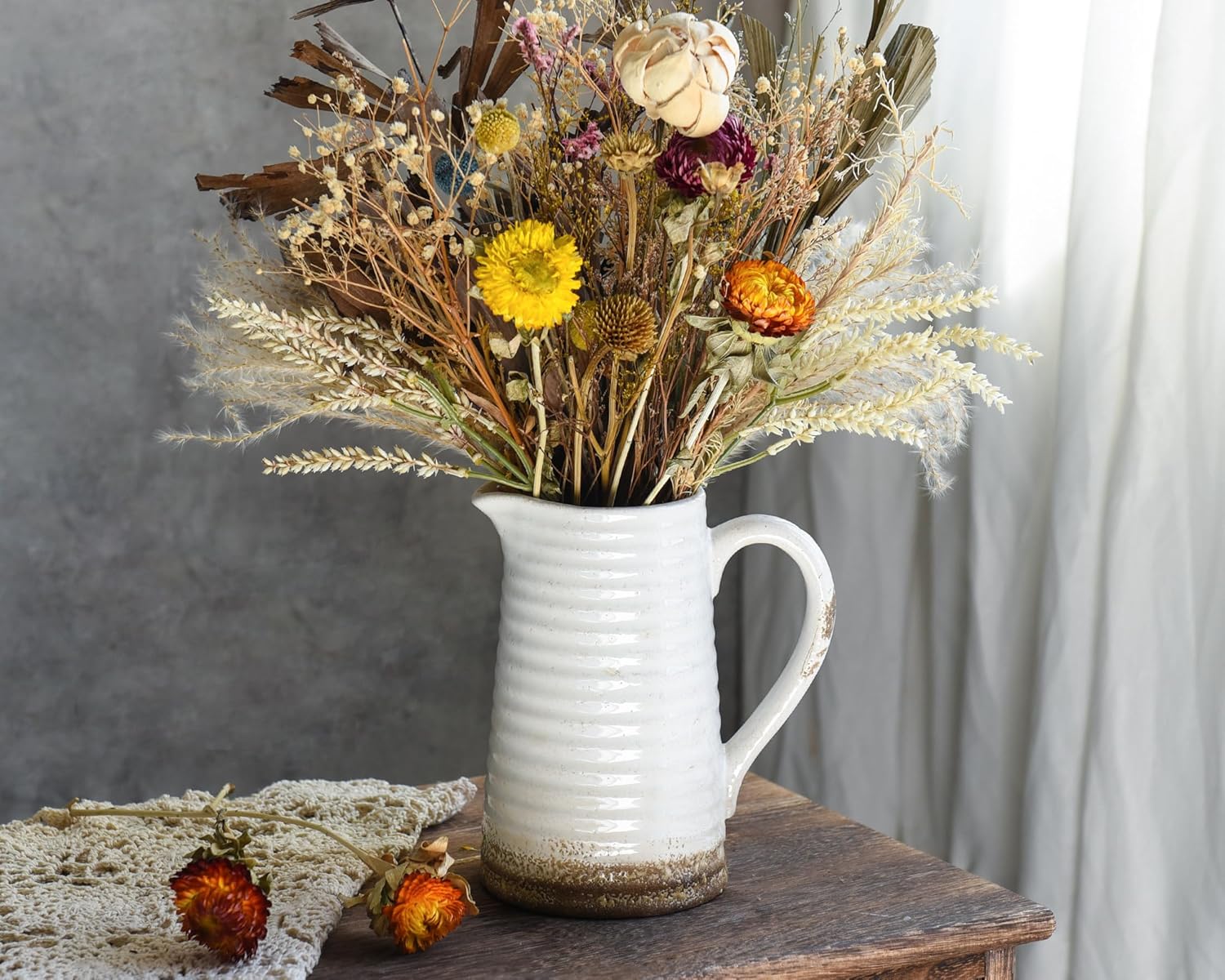 Quoowiit Ceramic Rustic Vase with Handle, White Distressed Decorative Farmhouse Pitcher Vase for Home Decor Living Room Bedroom Kitchen Office Shelf Decor Centerpiece Table Decoration - Image 2