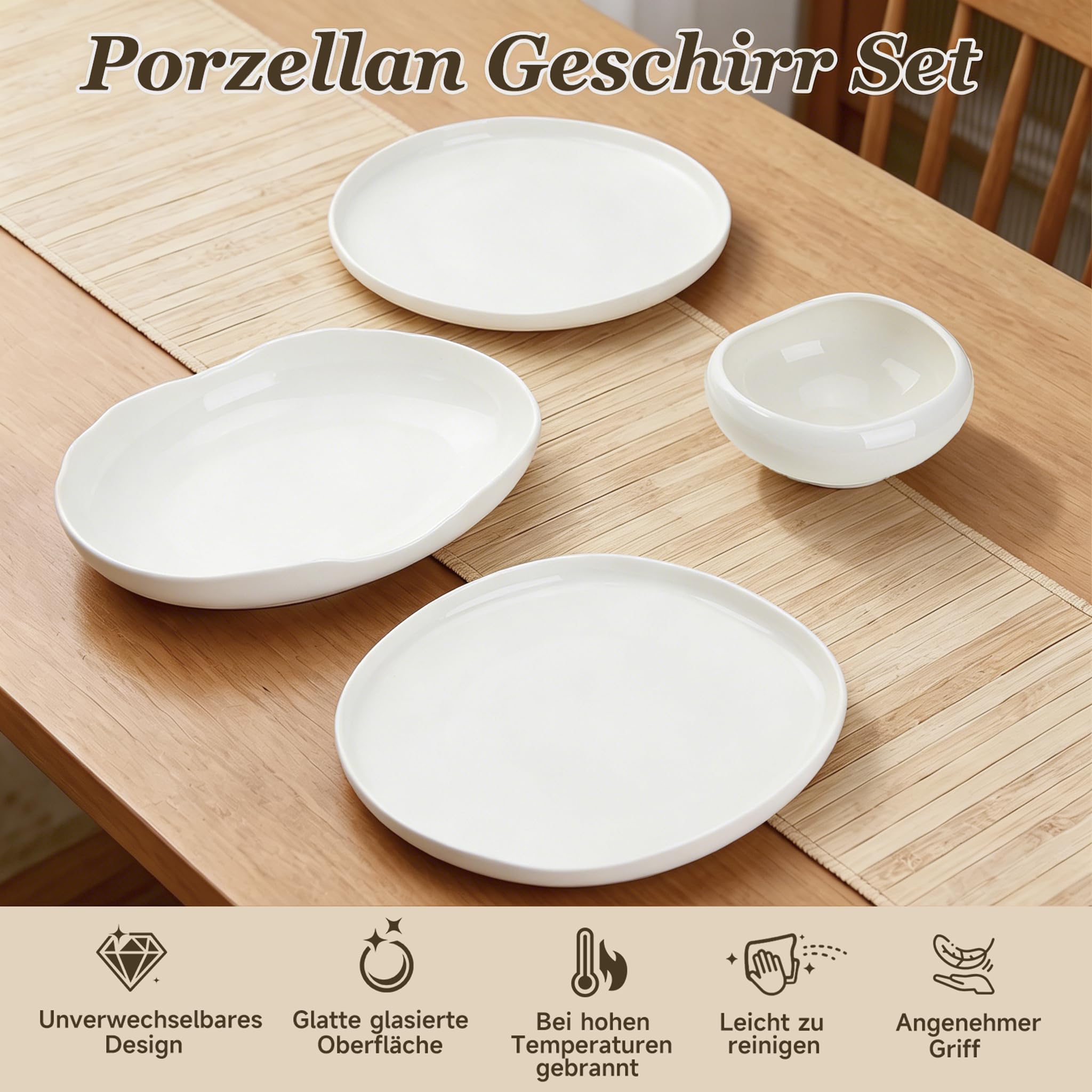 Zestaw naczyń, zestaw talerzy dla 6 osób, 24-częściowy serwis stołowy, porcelanowy zestaw naczyń, talerze deserowe, miseczki do musli, salaterki, naczynia białe