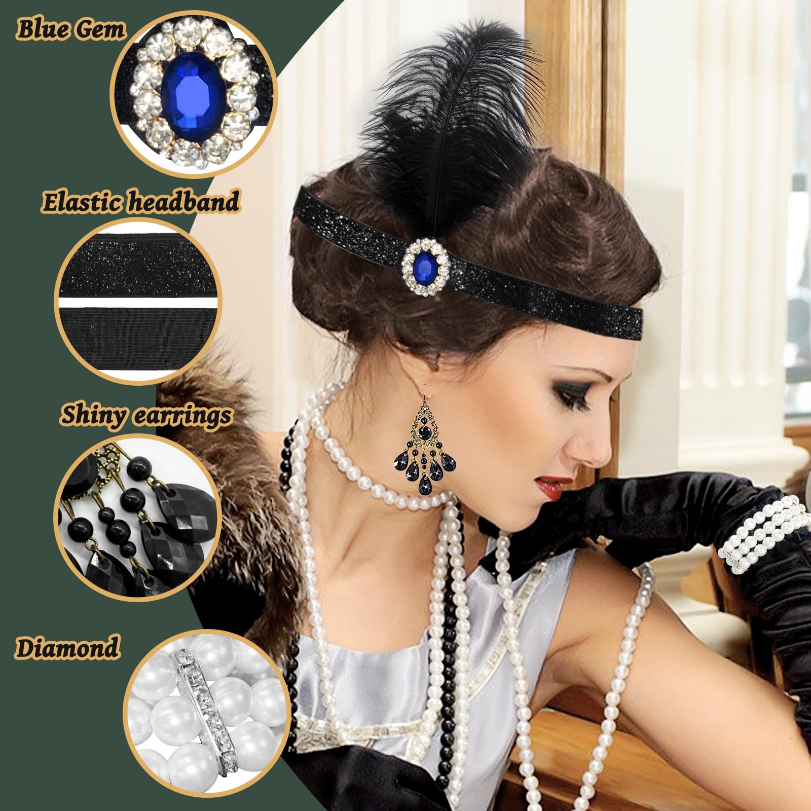 1920s Flapper Great Gatsby Accessories Set,Roaring 20's Theme Set including Shawl Headband Long Gloves Necklace Earrings Handheld Prop,1920s Flapper Costume Vintage Accessories for Women Ladies (Style 4) - Image 4