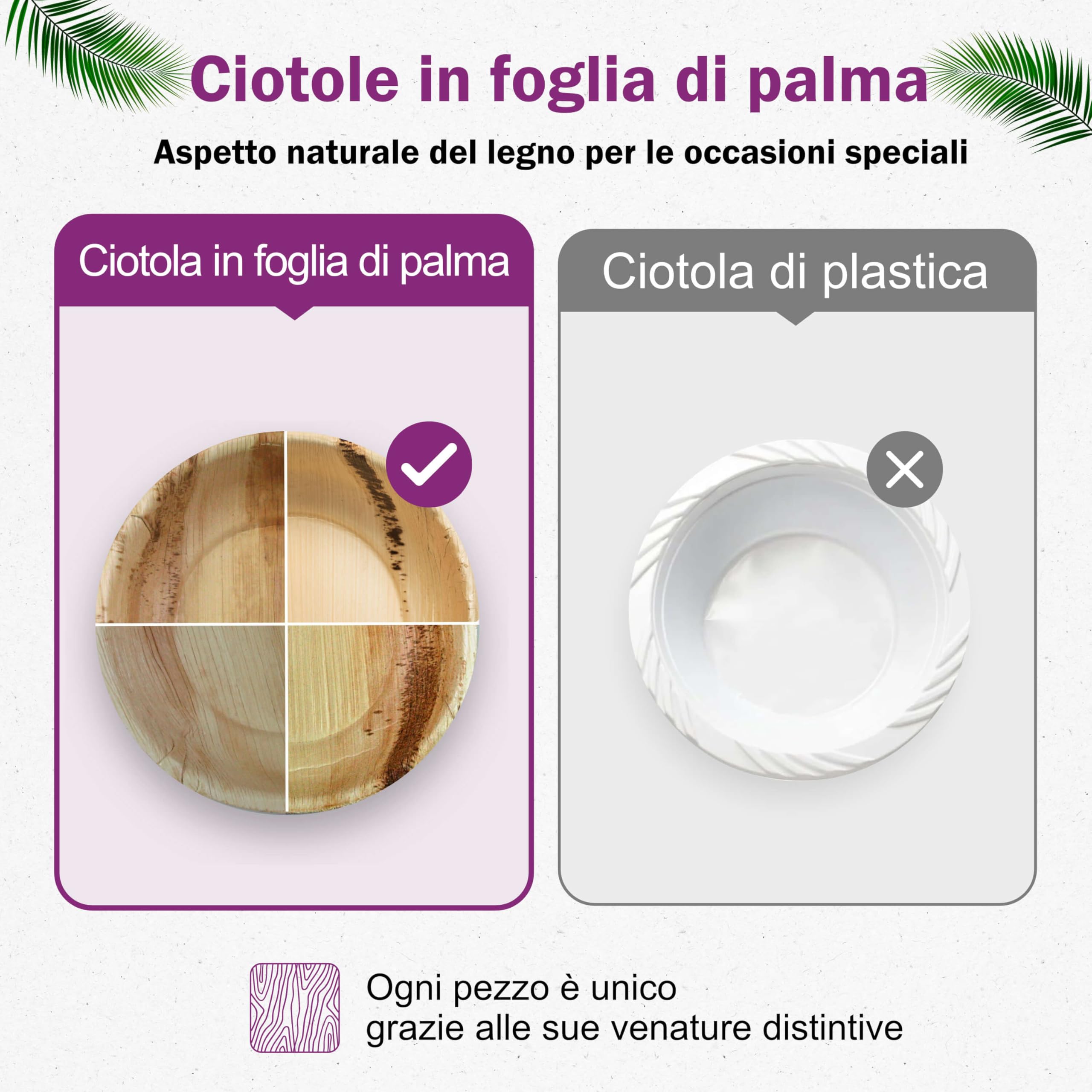 Ciotole in Foglia di Palma Ecologici - 25 Pz 11 cm / 200 ml - Stoviglie usa e getta Compostabili di Alta Qualità - Eleganti e Resistenti - Simile al Bambu - Ideale per Feste