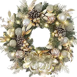 Chrisxiao Guirlanda de Natal de 61 cm para porta da frente, guirlanda de Natal com 50 luzes de LED brancas quentes, decorada com bolas douradas, pinhas e detalhes dourados para decoração de férias