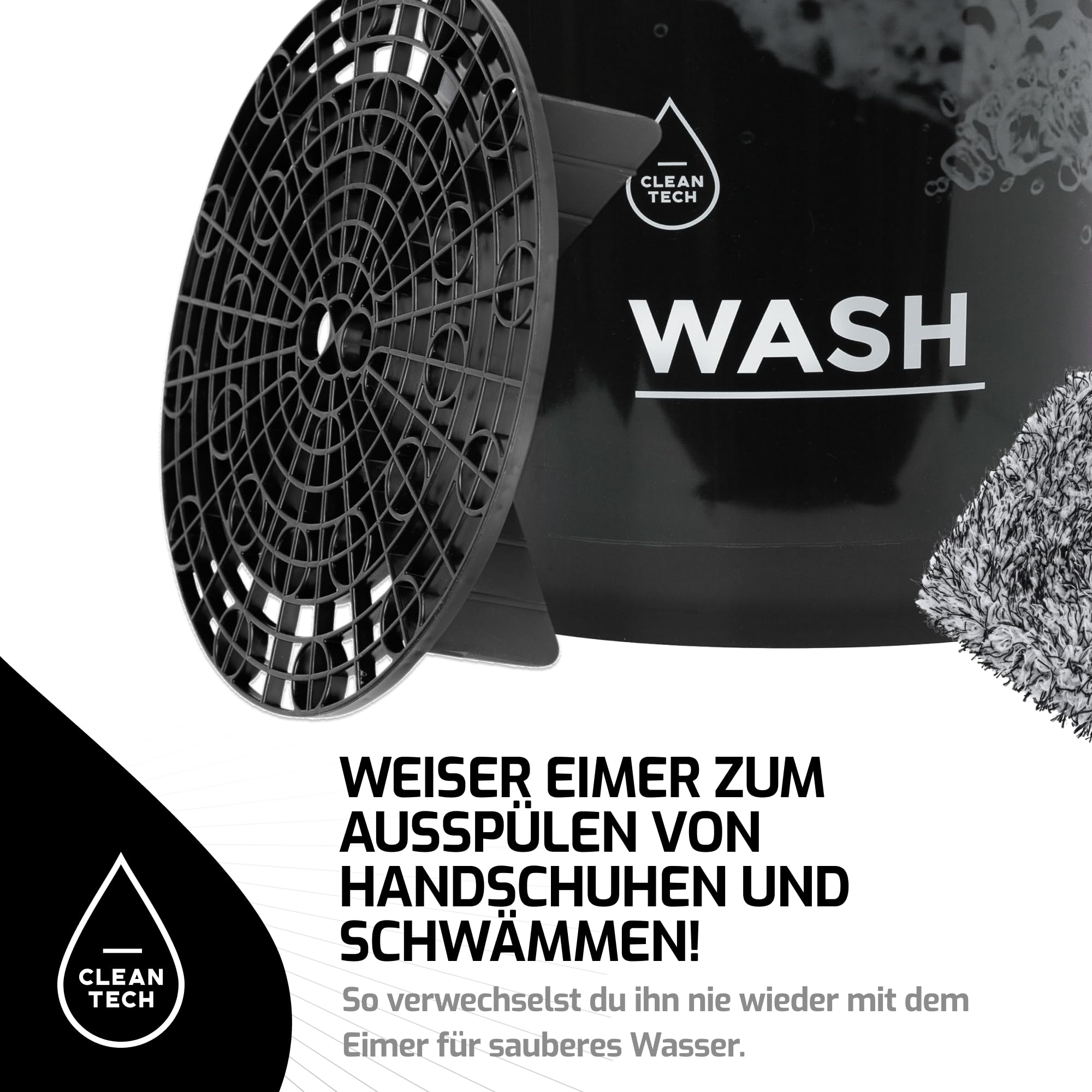 Cleantech - Set di lavaggio per auto, secchio da 20 litri, con filtro antisporco + guanto da lavaggio, perfetto per una pulizia efficace e delicata sulla vernice