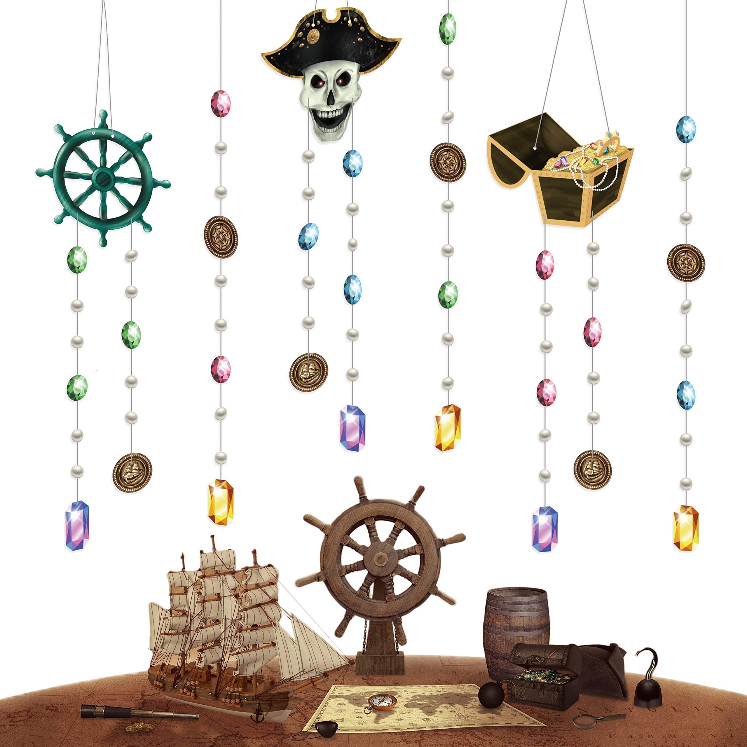Cheerland 6 Pcs Skull Pirate Garlands for Halloween Party Decorations Treasure Box Hanging Decoration Men Skeleton Pirate Streamer Banner Backdrop Kids Cosplay Costume Birthday Party Supplies