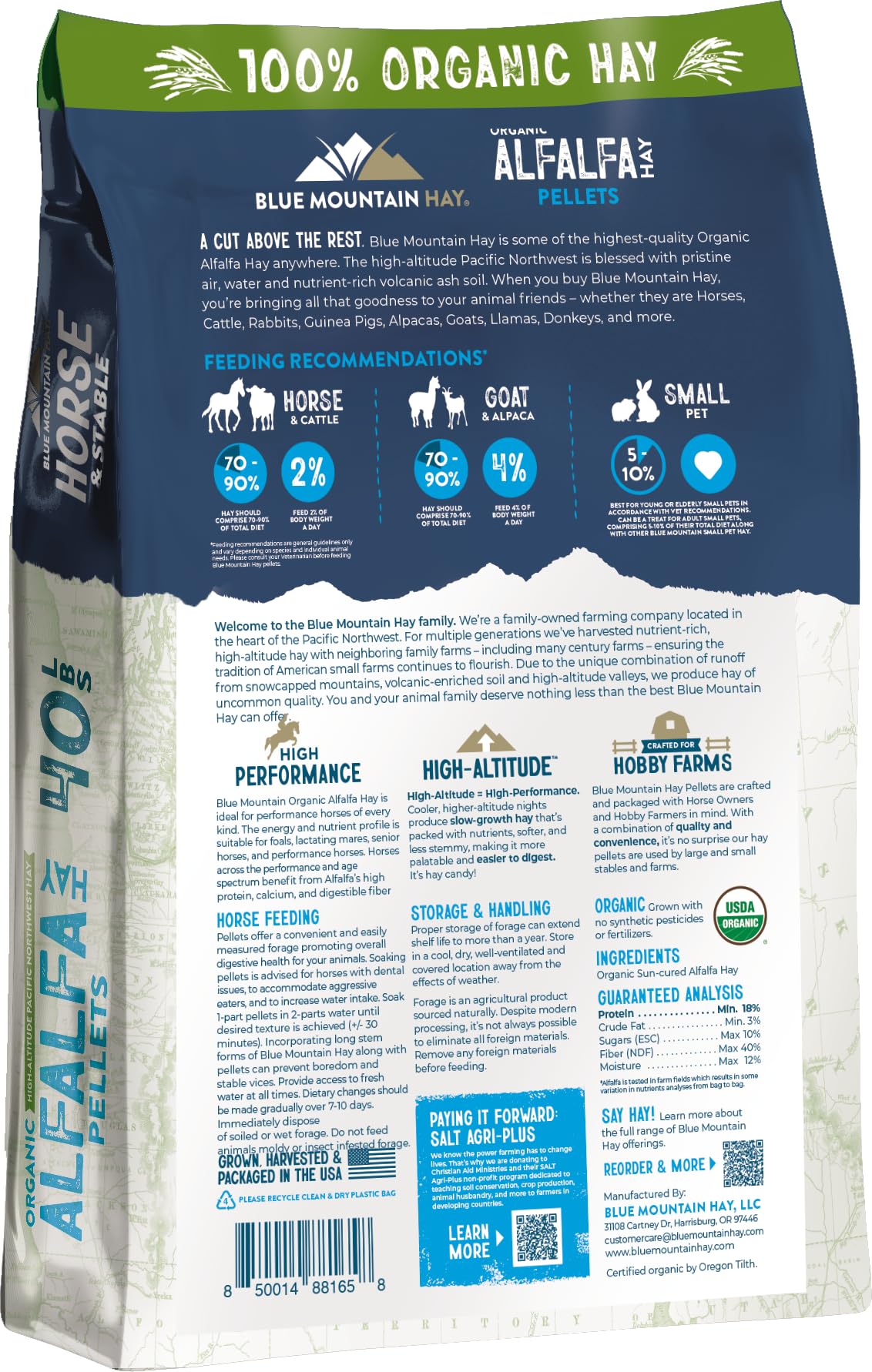 Blue Mountain Hay Pellet di fieno ad alta quota | Qualità premium, conveniente, a bassa polvere, denso di nutrienti | Ideale per cavalli, bovini, capre, conigli e altri piccoli animali (18,1 kg, erba
