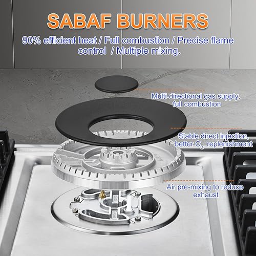 Miniatura 4 de AMZCHEF Placa de cocina de gas de 30 pulgadas con 5 quemadores SABAF fabricados en Italia. Máx. 48300 BTUhr Estufa de gas incorporada de acero