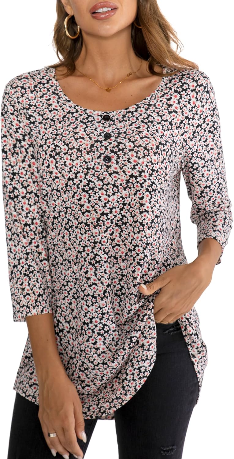 BAISHENGGT Women’s 3/4 Sleeve Tunic Tops Floral Print Casual Flare Swing Blouse Buttons Up T Shirts