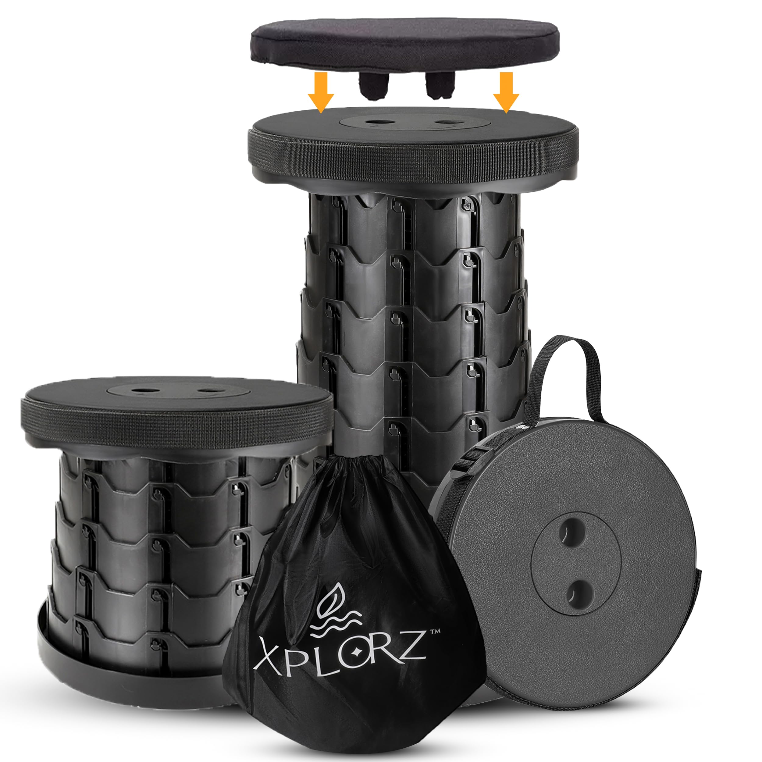 XPLORZ Upgraded Portable Folding Stool with Seat Cushion and Nylon Bag Adjustable Stool with 350lbs Load Capacity Collapsible Camping Stool for Adults