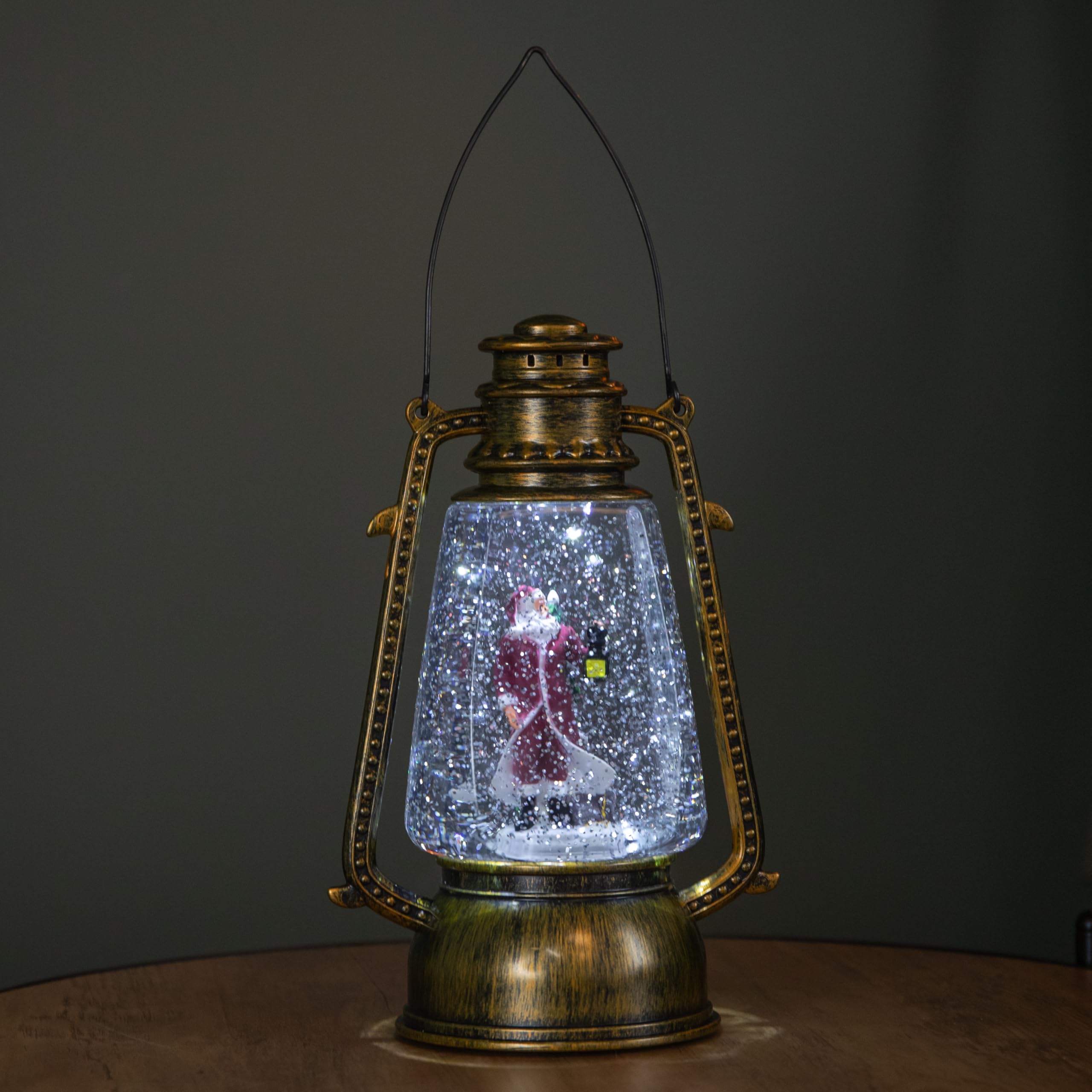 24cm Battery Operated Santa Hurricane Lantern Glitter Water Spinner in Antique Gold