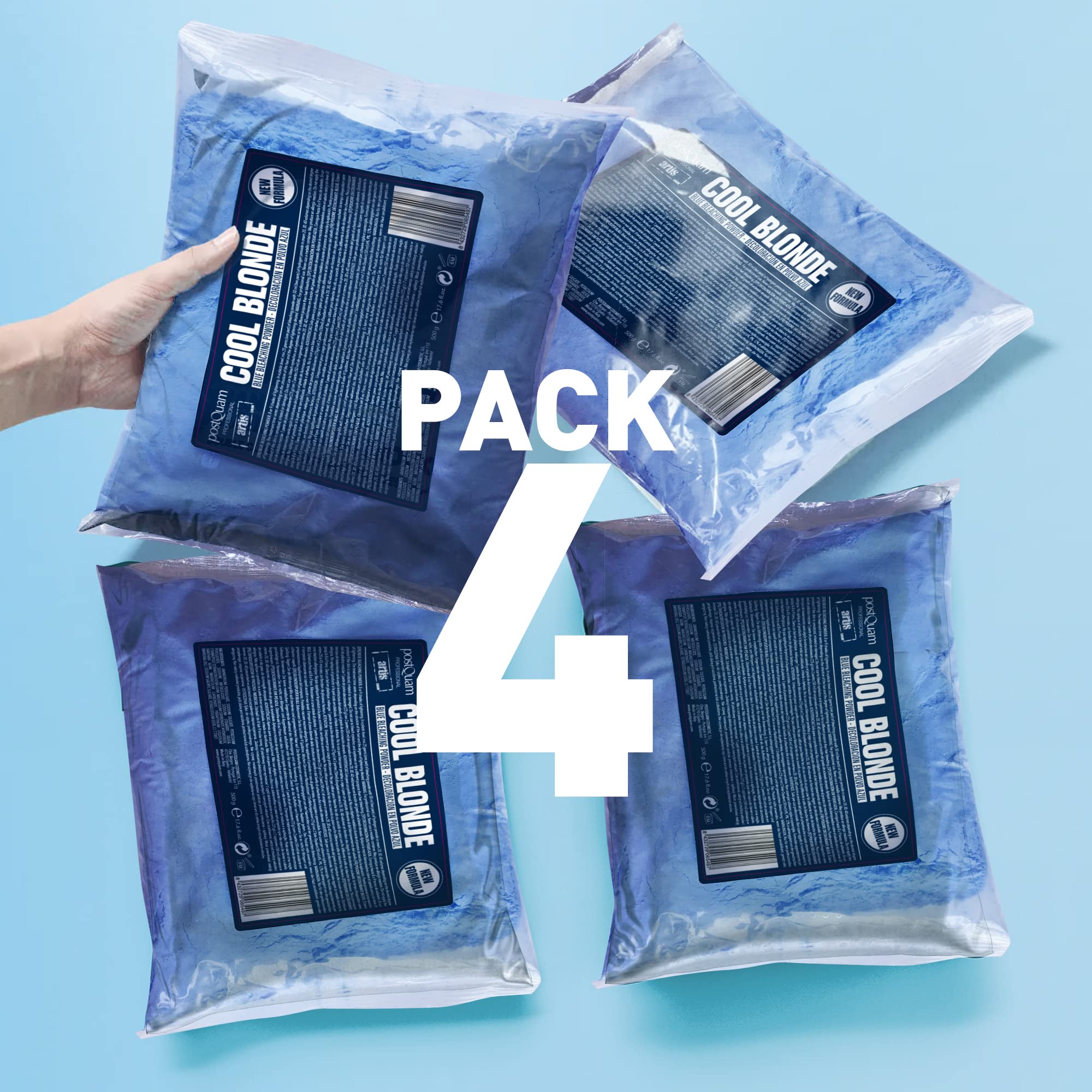 PostQuam - Polvo Decolorante Azul Cool Blonde - Pack 4x500g - Aclara hasta 9 Tonos - Decoloración Profesional para Cabello - Bajo Olor a Amoníaco - Polvo Microgranulado Compacto