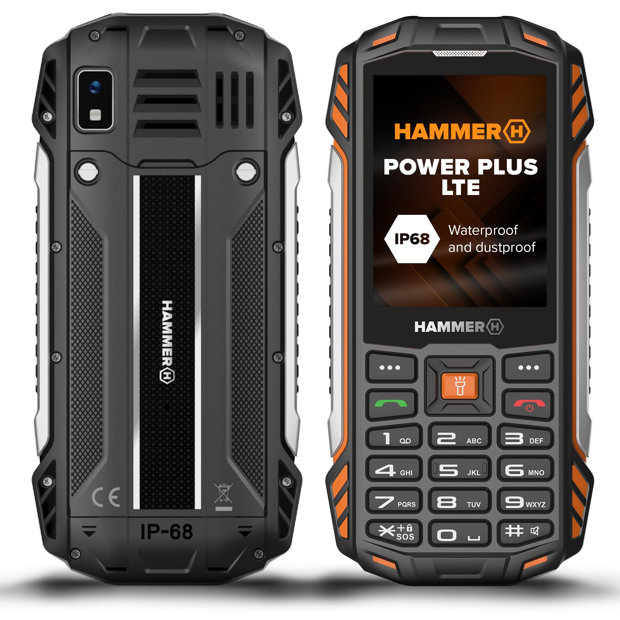 Hammer H Forge Power Plus LTE Outdoor Mobile Phone, Unlocked, Push-Button, 128 MB, 4000 mAh, 2.8" IPS Display, Flashlight, IP68, FM Radio, 3.5 mm, 2 MP Camera, USB-C Port, Dual SIM
