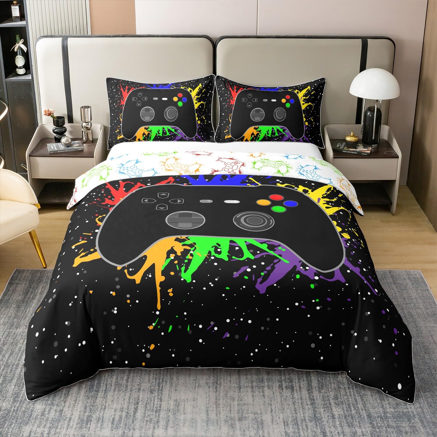 Juego de funda de edredón para niños, 100 % algodón, tamaño doble, juego de ropa de cama con diseño de mando de videojuegos, para adolescentes, niños y hombres, funda de edredón moderna con estampado