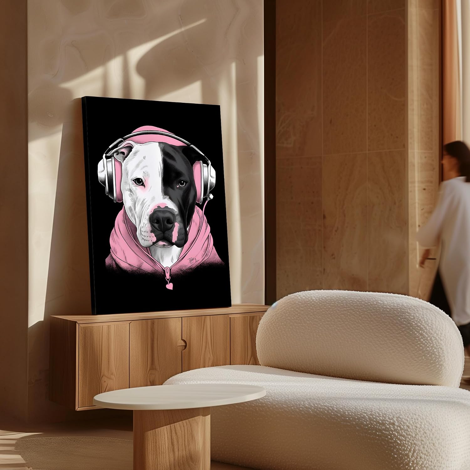 Poster Master Pit Bull With Headphones Canvas - Dog Portrait Print - Puppy Art - Trendy Animal Lover Gift - Modern Art - Funny Kid's Room or Office Wall Decor - 8x10 STRETCHED Canvas