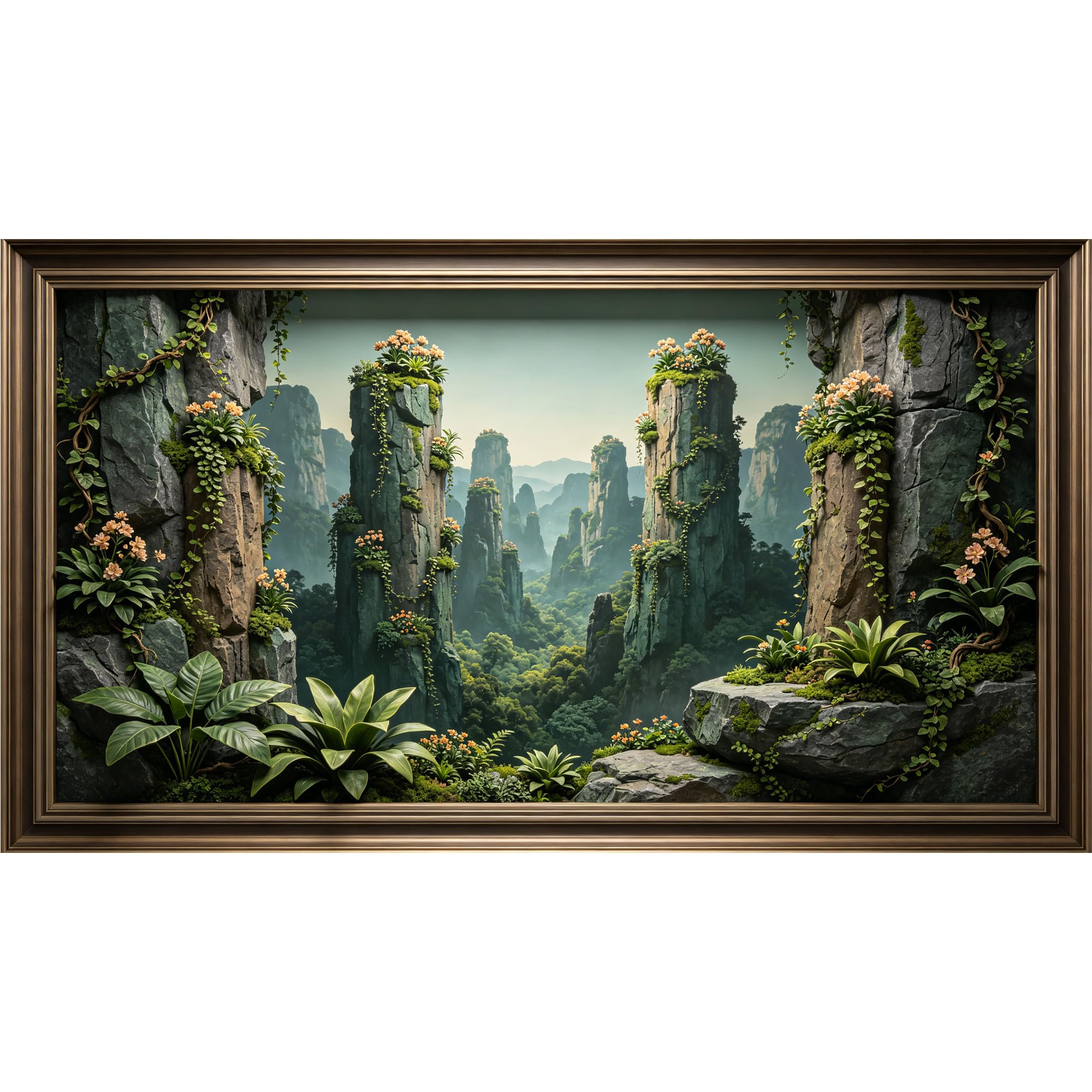 QZLITHOTIC 50×90cm3D Framed Wall Art， Mountain Landscape Botanical Jungle Mural， Water?Activated Peel & Stick Fabric Decor Wall Decal for Bedroom Living Room