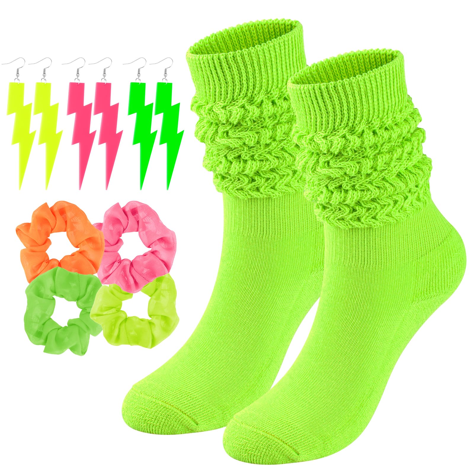 Neon Slouch Socks for Women, 80s 90s Scrunch Knee High Socks