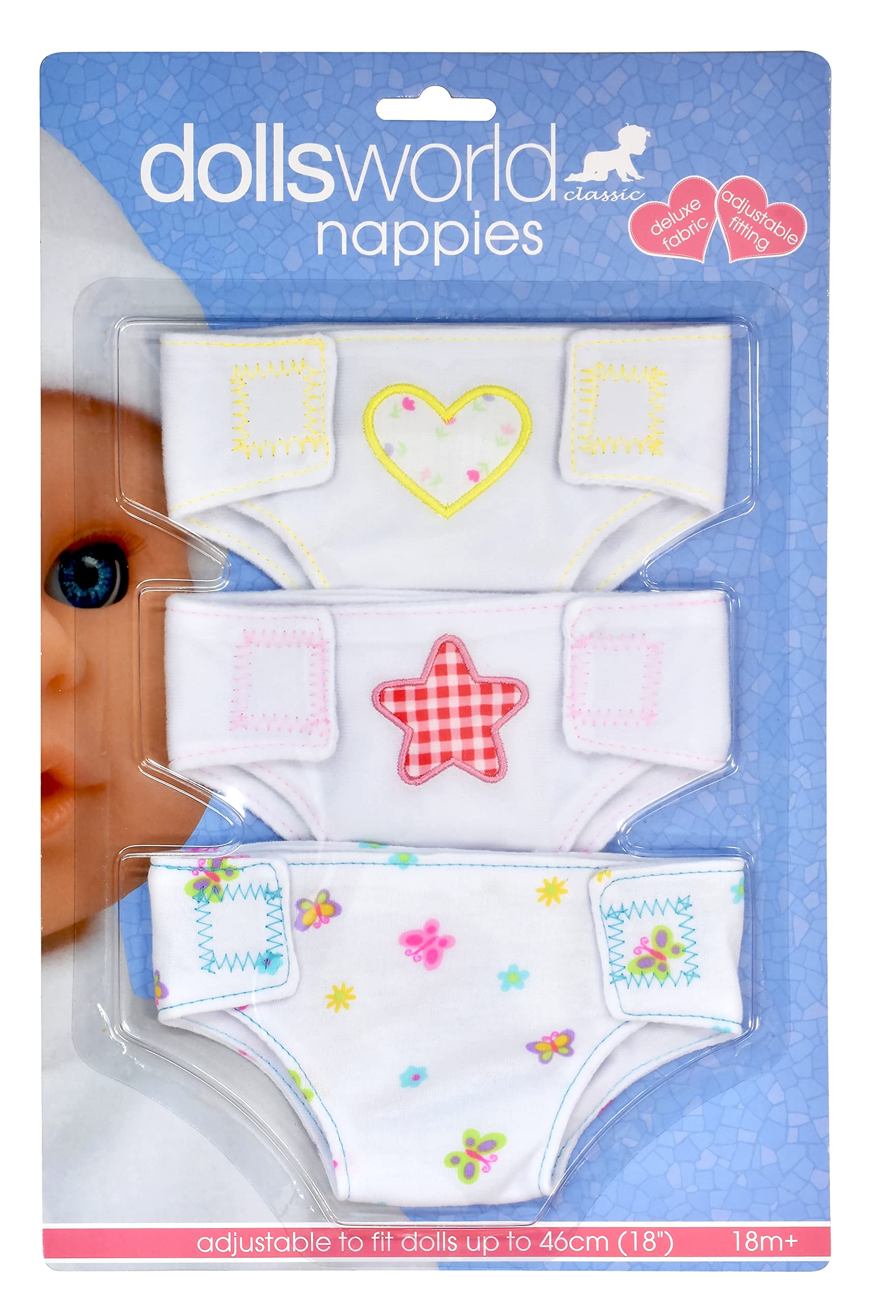 DOLLSWORLD CLASSIC from Peterkin | Fabric Nappies | Pack of 3 reusable and adjustable fabric nappies for dolls up to 46cm | Dolls & Accessories | Ages 3+
