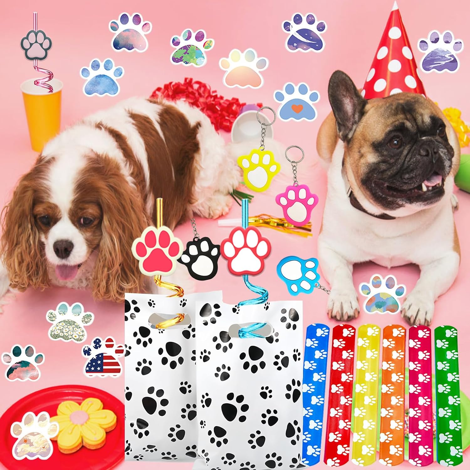 CHSLtmxq 120 Pcs Dog Party Favors Dog Paw Party Favors Set Includes Slap Bracelet Drinking Straws Keychain Gift Bags Stickers Dog Birthday Party Supplies for Puppy Birthday Party Supplies