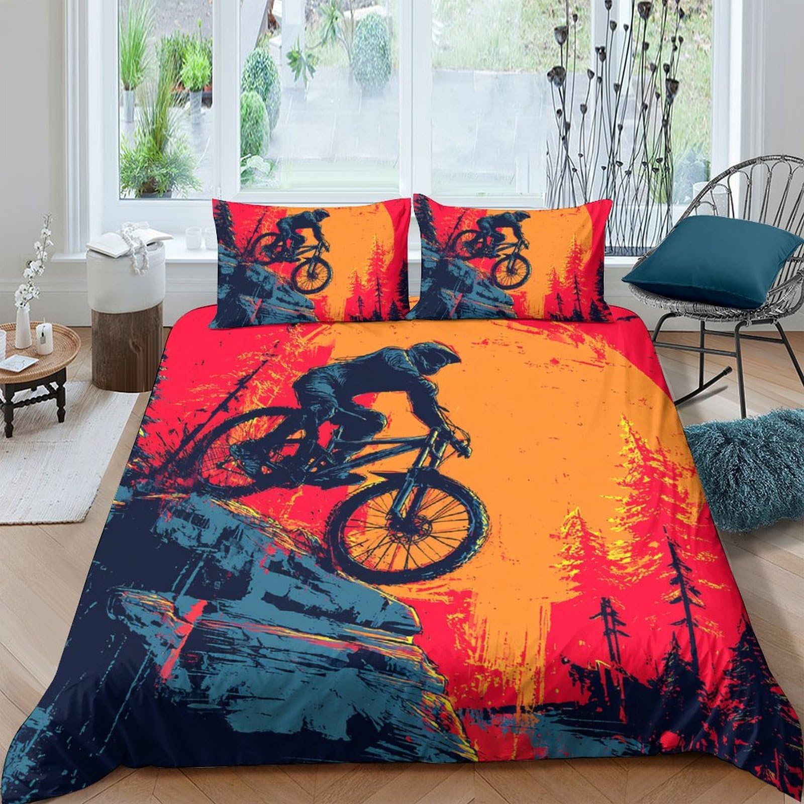 Ctjqhvkz Style-1 3D Printed Mountain Bike Fitted Sheet Microfiber Vibrant Sunset Forest Mattress Cover For Bedroom Dorm Decor Single（135X200cm）