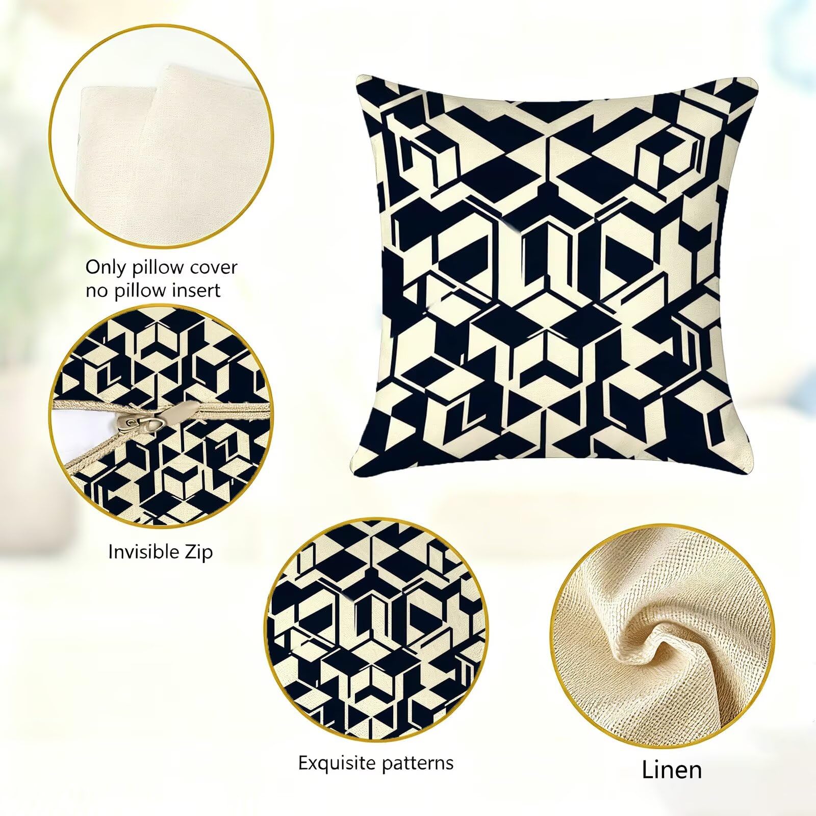 Nero Federe Cuscini Divano 60x60cm, Cuscini da Esterno Set de 4, Cod-174 | Lin Copricuscini Decorativi Letto Arredo, per Letto, Soggiorno, Giardino, Esterno, Casa Decorazione Set di 4 Geometria