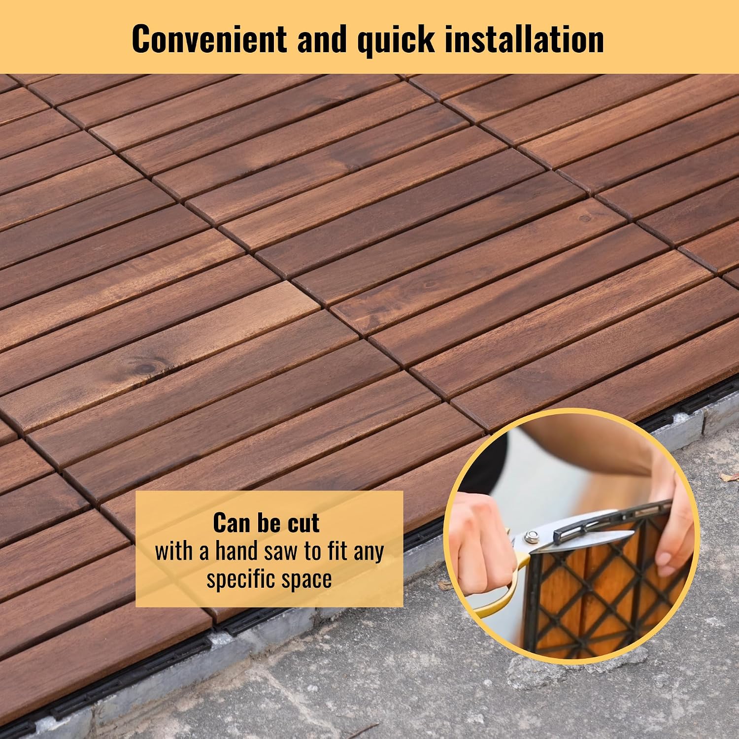 10 Pcs Outdoor Interlocking Deck Tiles, 12"x12" Acacia Wood Tiles for Patio, Porch, Balcony & Poolside, Striped Pattern, Brown
