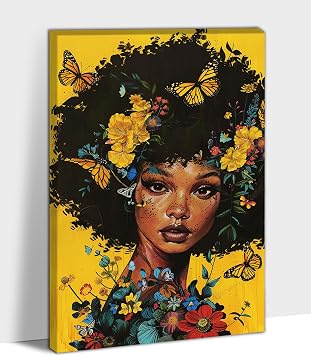 Black Woman Art Printing, African American Canvas Wall Art Print, Black Female Colorful Black African Woman with Floral Paintings, Framed Modern Graffiti Black Woman Canvas Picture for Bedroom 12"x18"