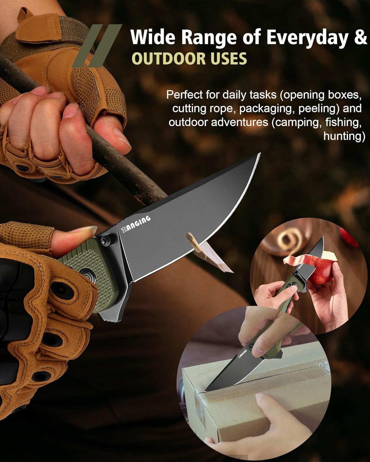 Pocket Folding Knife(EDC)- 3.35" D2 Steel PVD Nitro-V Steel Blade, G10 Handle- Lightweight Folding knives with Clip for Camping, Hiking, Hunting Survival Multi-Tool (Olive Green)
