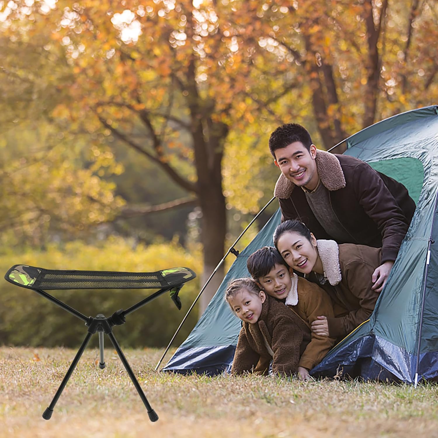 Portable Folding Camping Stool with Camo Footrest, Lightweight Outdoor Picnic and Fishing Chair, Compact Foldable Seat for Hiking and Leisure