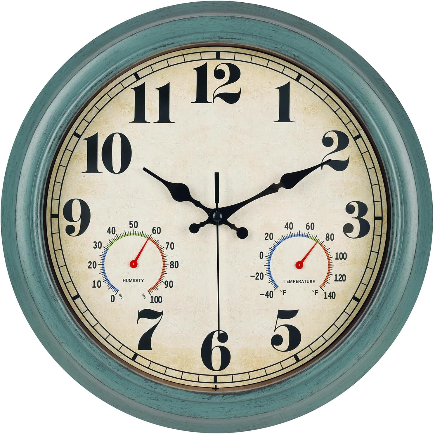 zyzamay 13 Inch Outdoor Clock with Thermometer and Hygrometer, Waterproof and Silent, Large Easy-to-Read Numbers, Ideal for Bedroom,Office,Living Room,Porch,Garden,Pool(Green) 13'' Th Green