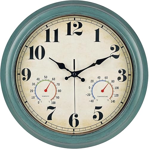 Miniatura 9 de zyzamay reloj de pared vintage verde para interior/exterior de 16 pulgadas con termómetro y higrómetro y resistente al agua, números grandes y 16''