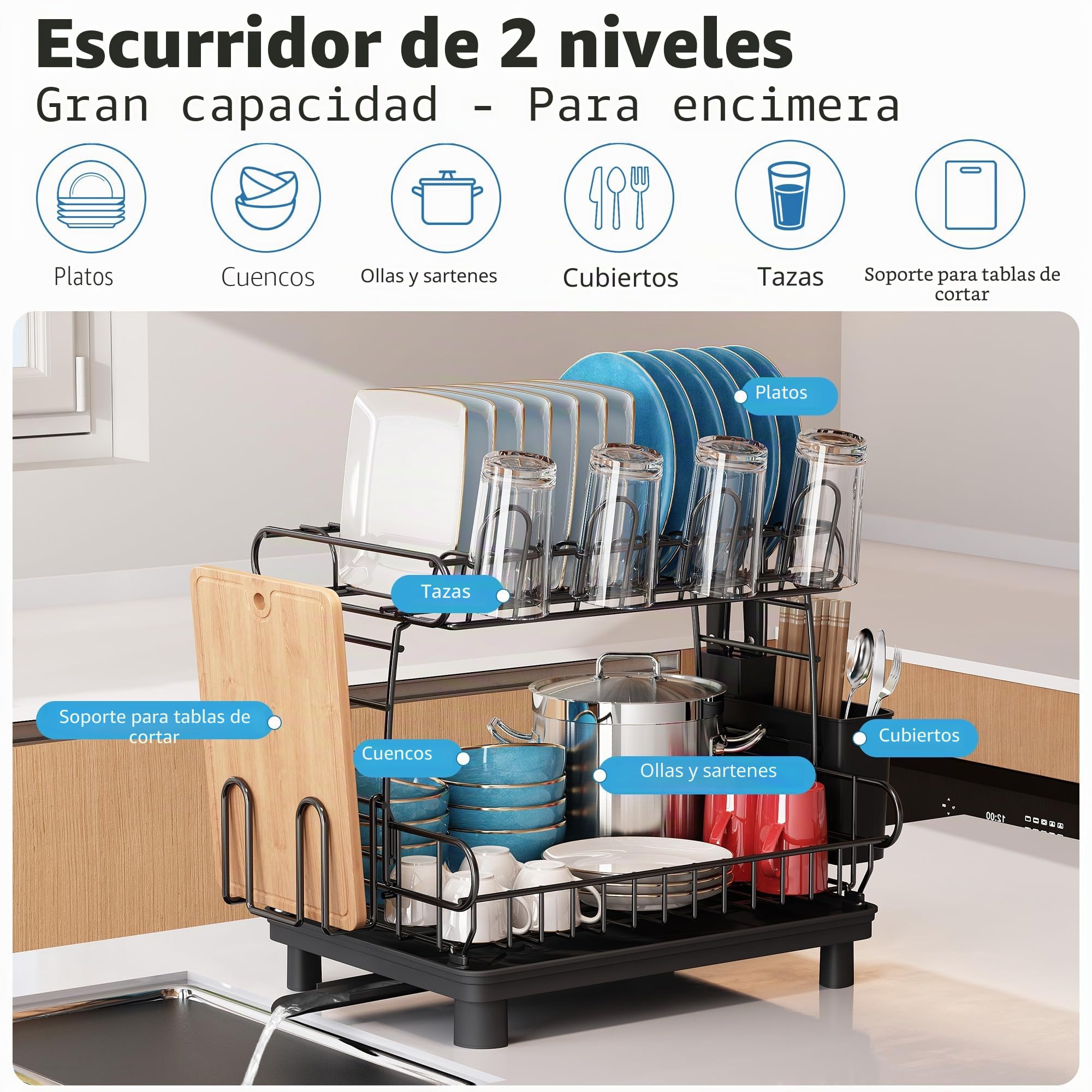 MAJALiS - Escurridor de Trastes Acero Inoxidable 304, Escurridor de Platos Grande de 2 Niveles con Drenaje, Estante de Almacenamiento para Cubiertos de Cocina，Viene con Almohadilla de Secado (Plata)