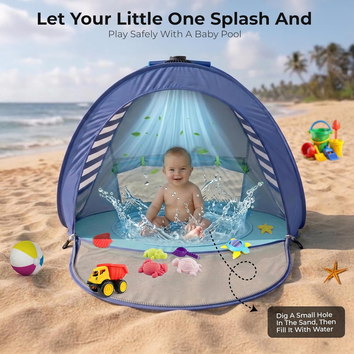 Baby Pop Up Tent with Integrated Solar Cooling Fan | Anti-UV Baby Tent for Beach with UPF 50 UV Protection | Baby Beach Pool | Portable Travel Sun Shade for Baby |