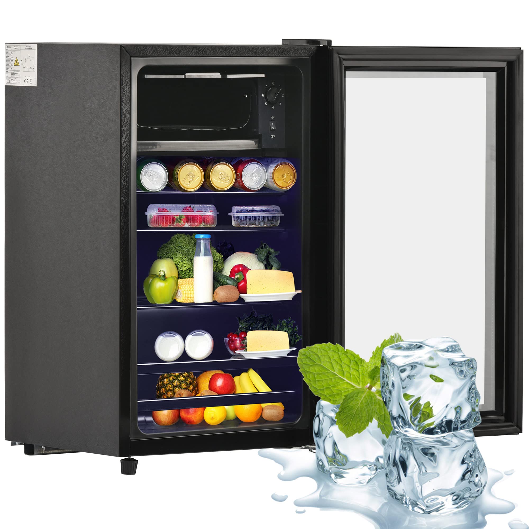 Mini nevera, Frigorífico congelador, mini enfriador de bebidas de 15" para habitación y oficina, frigorífico de bebidas silencioso de 6 l + 70 l, eficiencia energética, negro, clase energética F