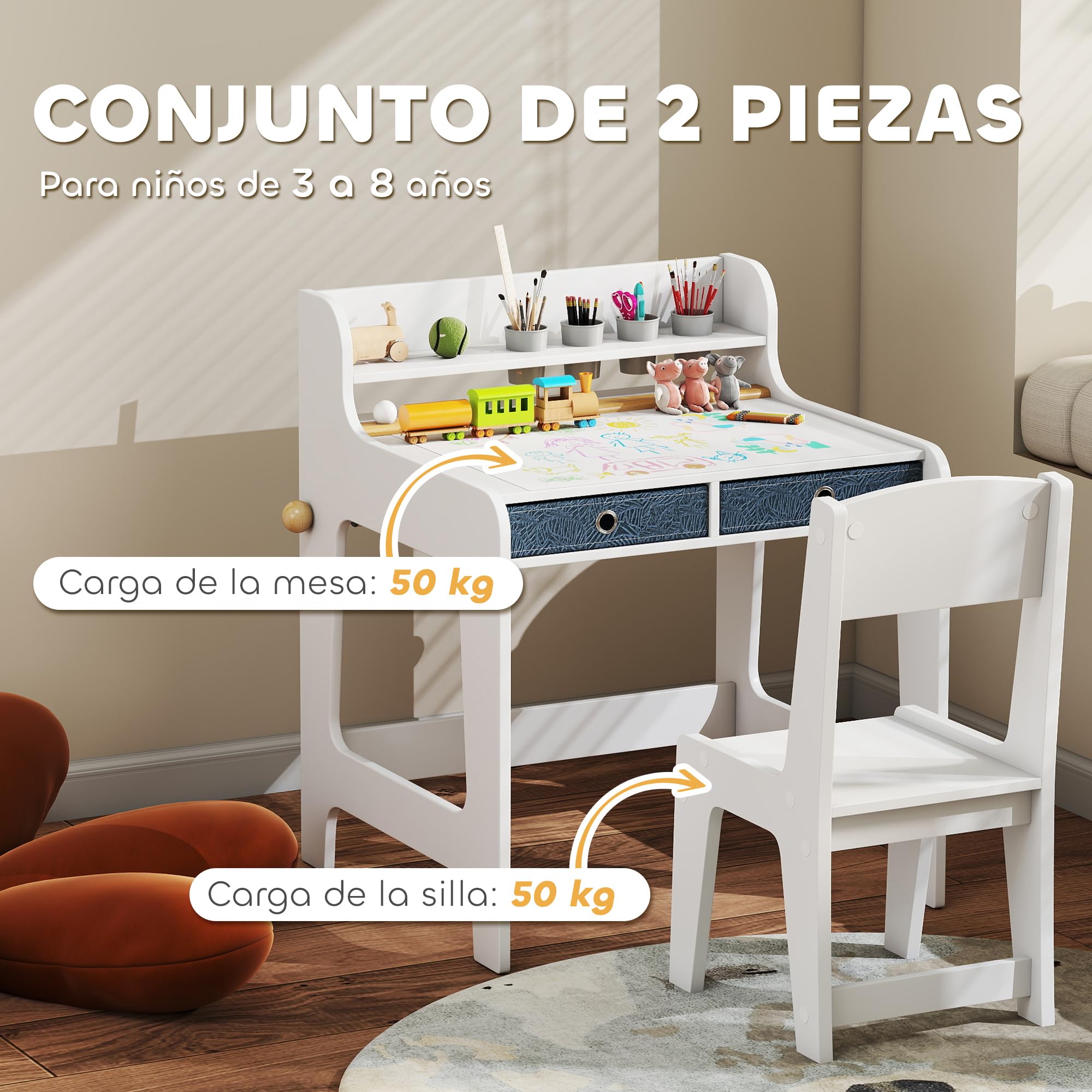 AIYAPLAY Escritorio Infantil con Silla, 2 Cajones Extraíbles, Blanco | Pupitre Infantil, Estante y Portavasos, para Estudiar Leer y Dibujar, Mesa para Niños, Dormitorio, Sala Estudio