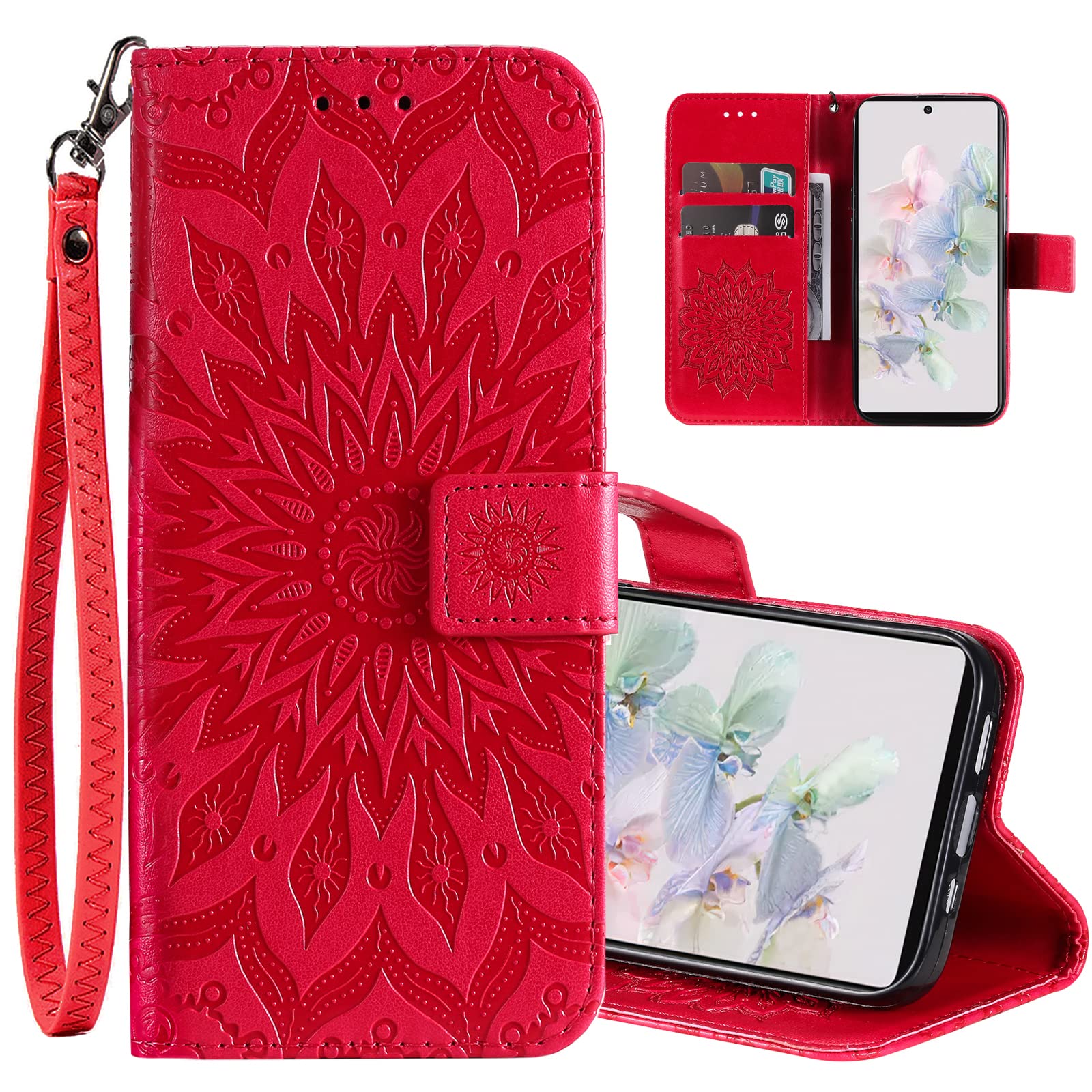 HAOTP Love Tree Embossed Plants PU Flip Stand Credit Card ID Holders Soft TPU Inner Bumper Leather Case for Google Pixel 7 (Red)