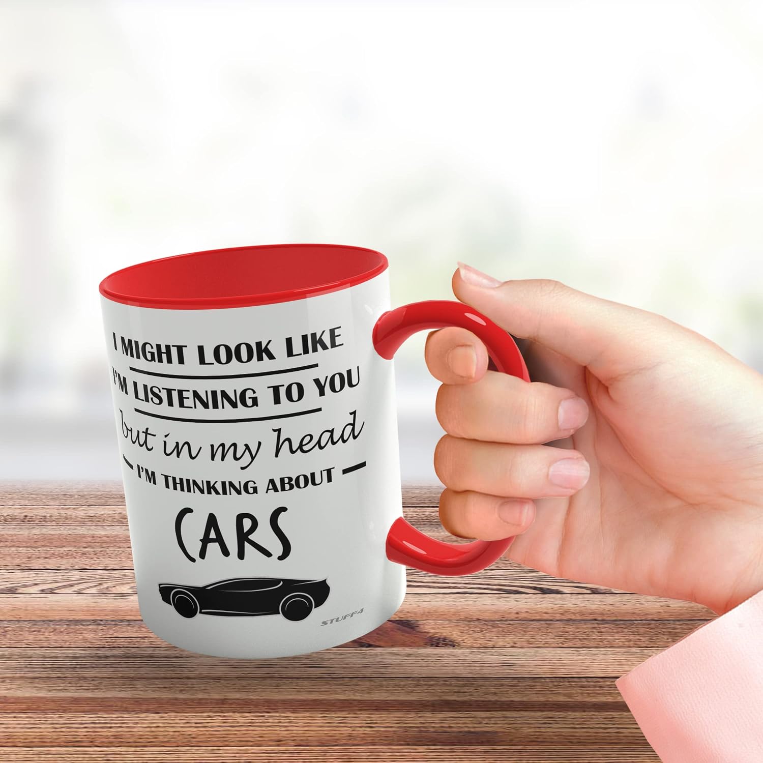 Gifts for Car Enthusiasts - in My Head I'm Thinking About Cars - Funny Classic Car Mug, Gifts for Cars Lovers, Petrol Head Gifts, 11oz Ceramic Dishwasher Safe Premium Red Handle Mugs - by Stuff4 - Image 4
