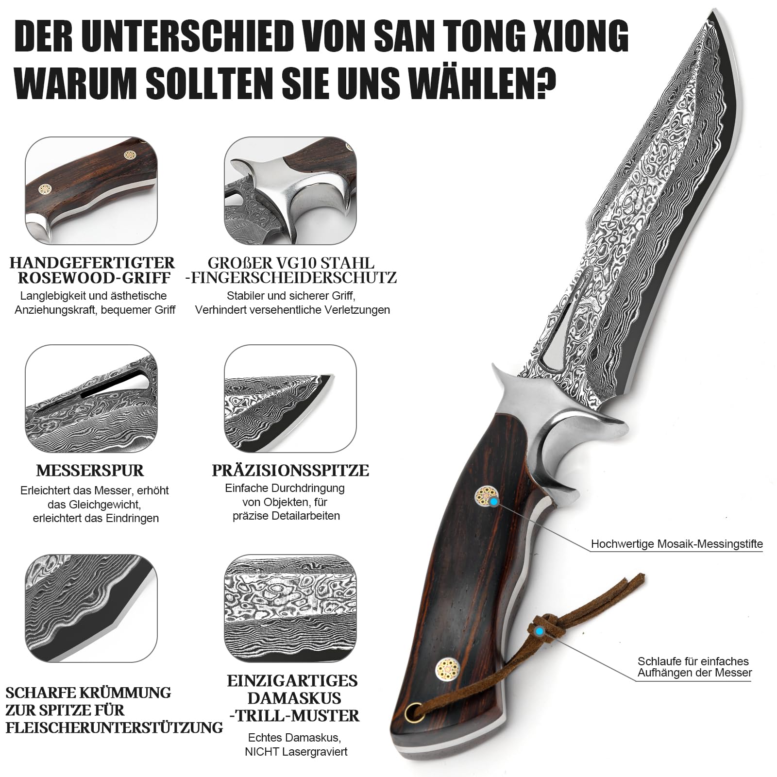 Damast Jagdmesser 26,4 cm, VG10 Feststehendes Bowie Survivalmesser | 67-lagiger Handgefertigter Damaszenerstahl mit Holzgriff und Echtlederscheide für Outdoor Bushcraft