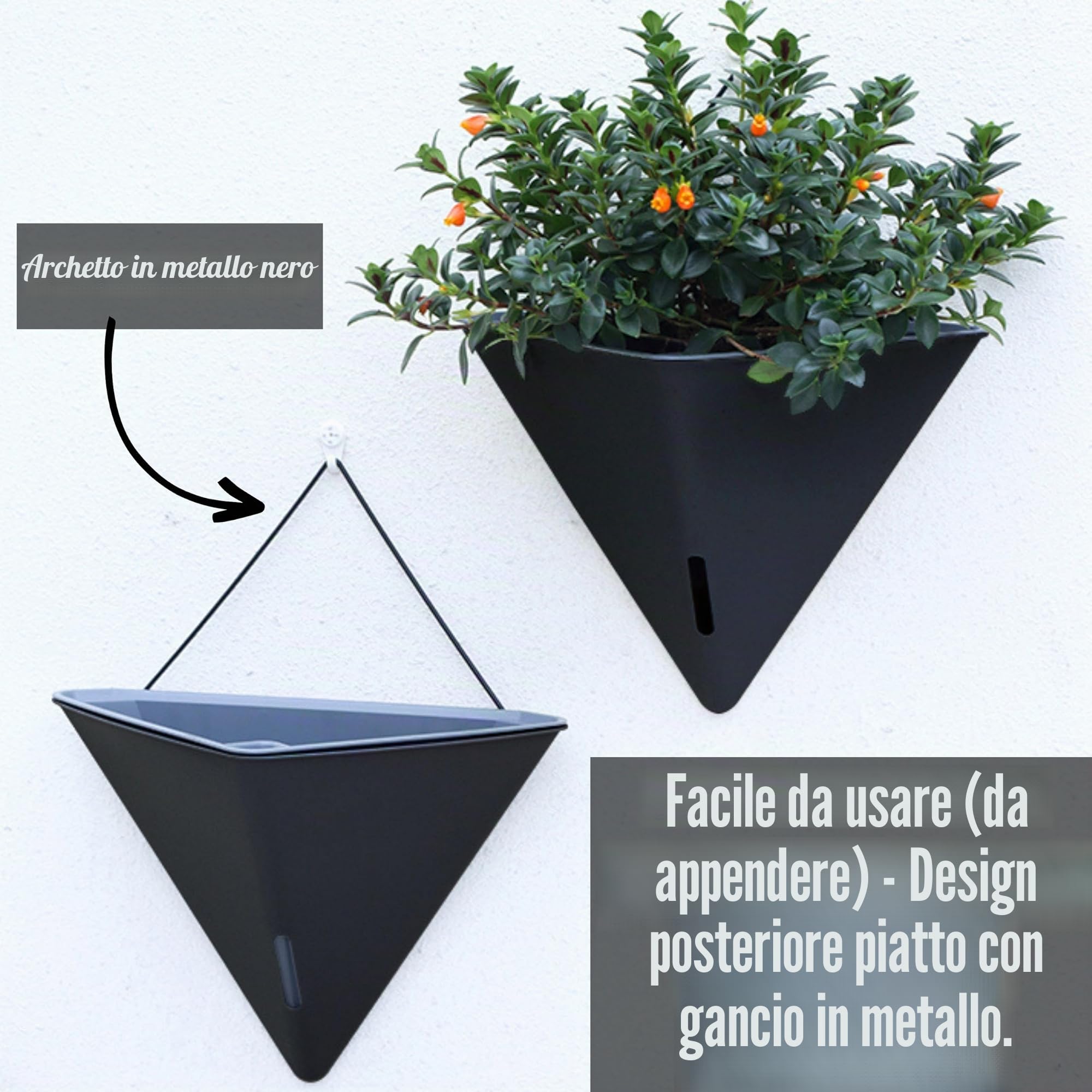 LaLaGreen - Fioriera da parete per interni (30,5 cm, 4 pezzi) grandi piante autoirriganti | Vaso da fiori geometrico nero da appendere con gancio in metallo, moderno ed elegante supporto da parete per piante grasse