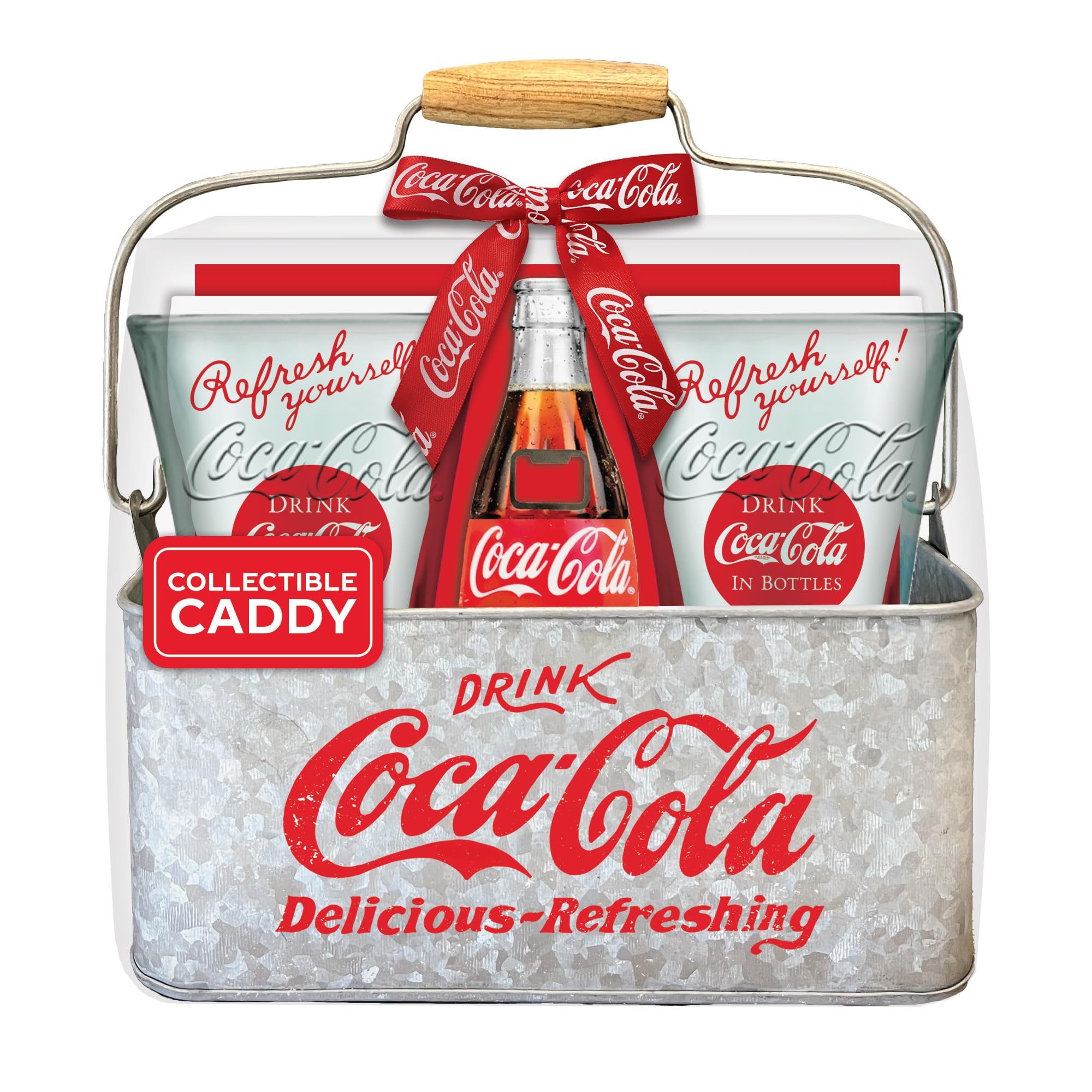 Marketplace Brands Transparent 4 Piece Coca-Cola Vintage Style Drinking Glasses Gift Set W/Collectible Tin Caddy