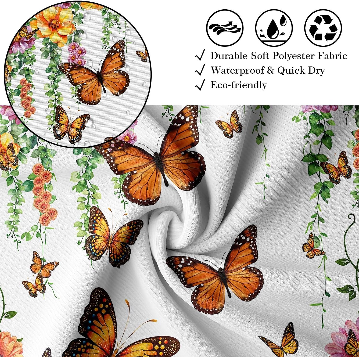 Orange Butterfly Flower Shower Curtain Spring Wildflower Ivy Shower Curtains for Bathroom Decor, Waterproof Cloth Fabric with Hooks 60 X 72 Inch