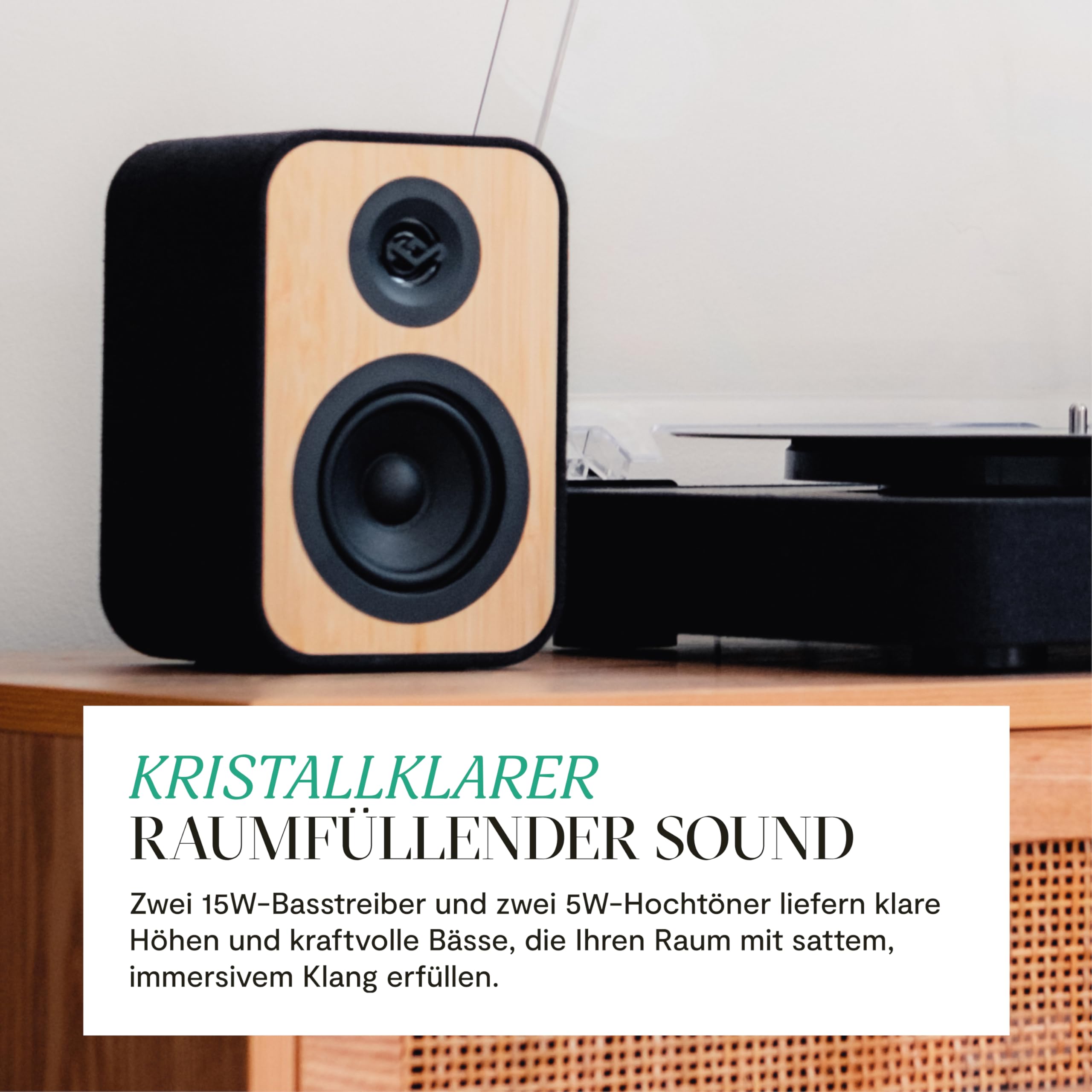 House of Marley Revolution Plattenspieler Bluetooth mit Lautsprechern | Nachhaltig gefertigter Schallplattenspieler mit kabelgebundenen Boxen, Vinyl Player mit Regallautsprechern
