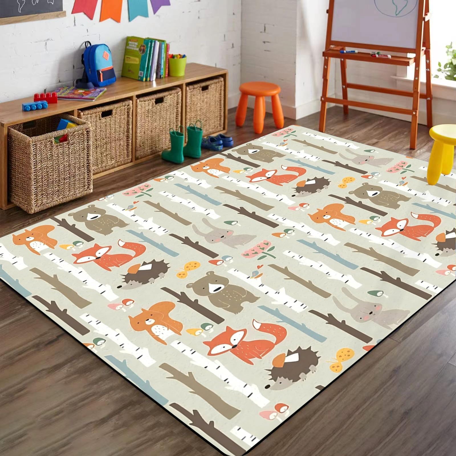 SMXVRC Forest Animals Living Room Carpets, 180x300cm, Cartoon Fox Rabbit Hedgehog Carpet for Mat, Print Fade Resistant Durable Playing Rugs, with Non Slip Backing Easy Clean Rug for Dorm Study Room