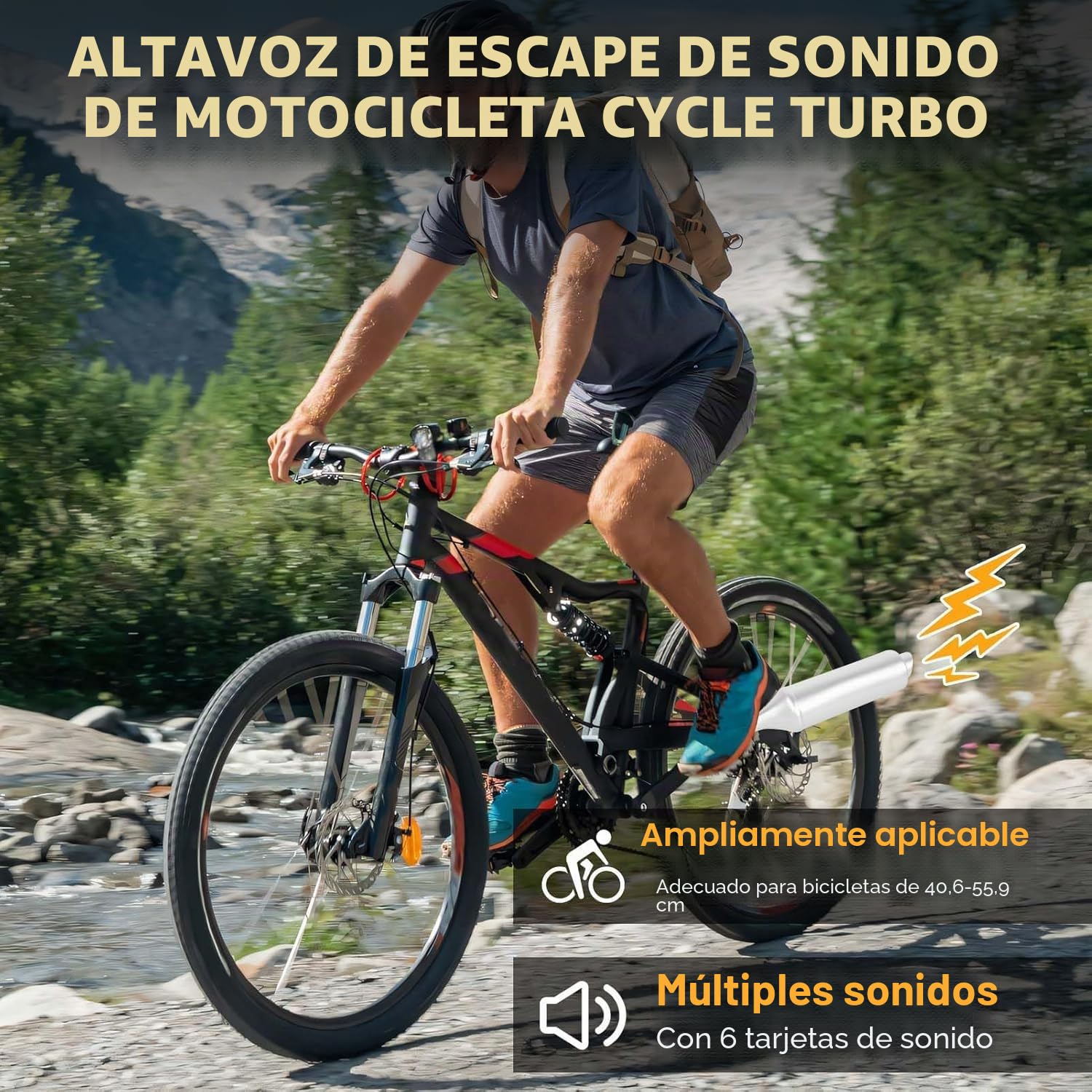 VOBOR Tubo de Escape de Bicicleta TUR-RBO, 100% Energía Manual LED, Kit de Tarjeta de Sonido para Radios de Bicicleta, Apto para Bicicletas de 16-22 Pulgadas