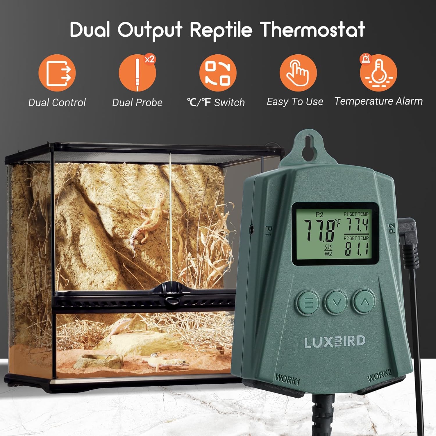 Diagram showing dual control, dual probe, temperature unit switch, easy to use, and temperature alarm features of the thermostat.