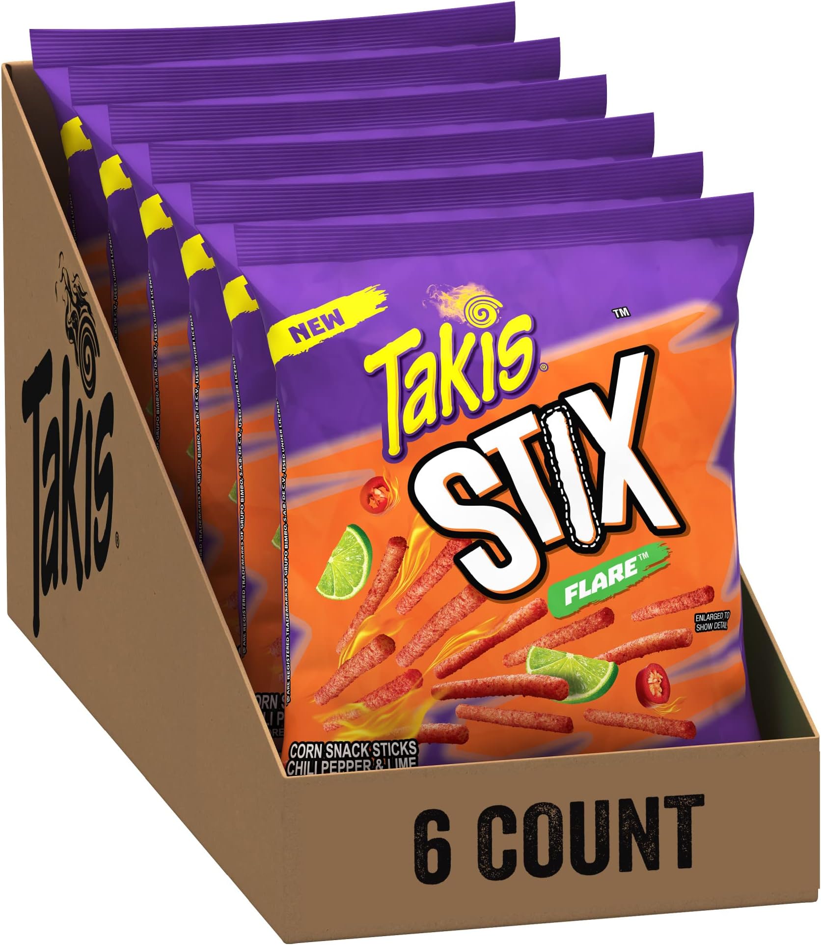Takis Stix Flare Corn Sticks, Chili Pepper and Lime Flavored, 6 Individual Bags, 4 Ounces Each, Net Weight of 24 Ounces