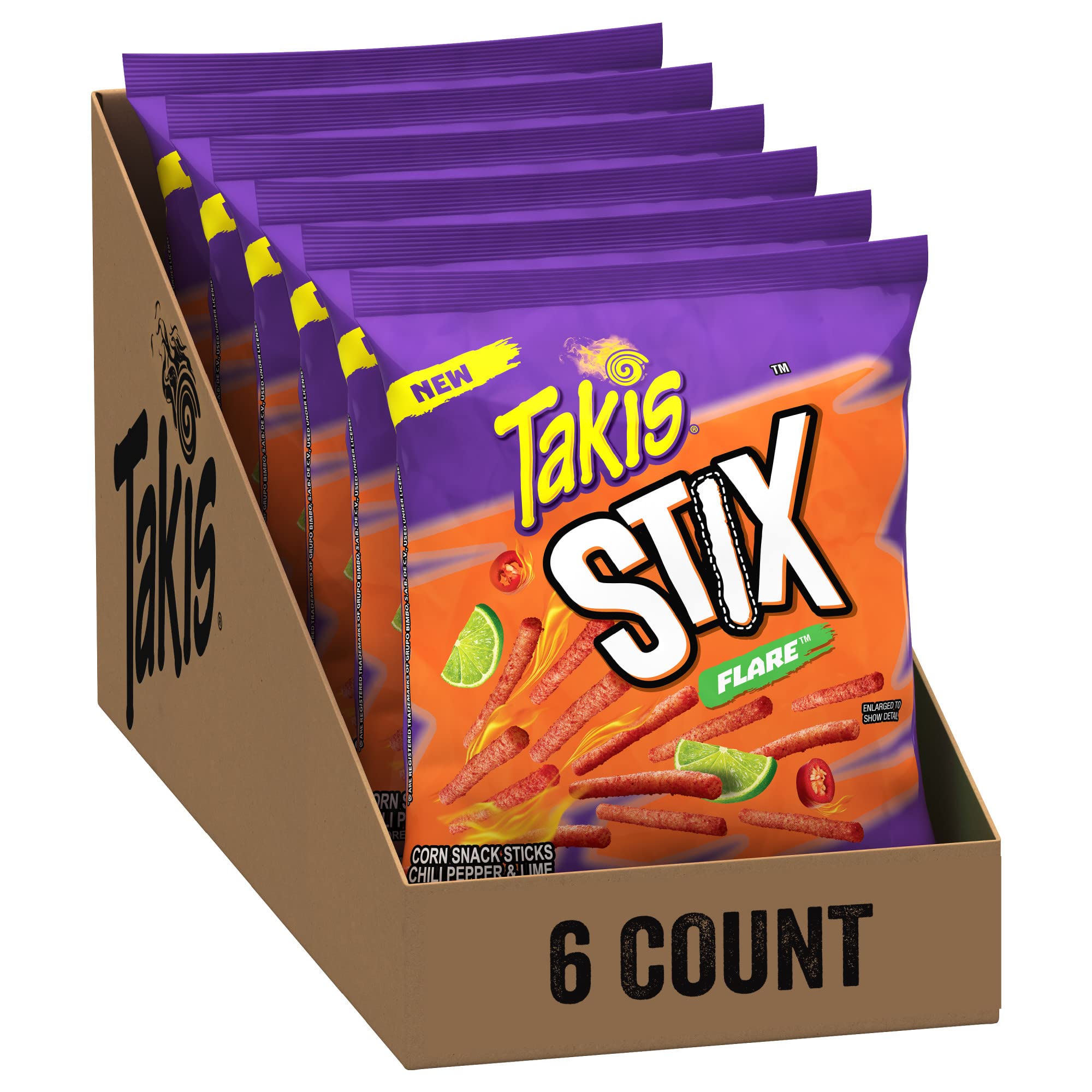 Takis Stix Flare Corn Sticks, Chili Pepper and Lime Flavored, 6 Individual Bags, 4 Ounces Each, Net Weight of 24 Ounces