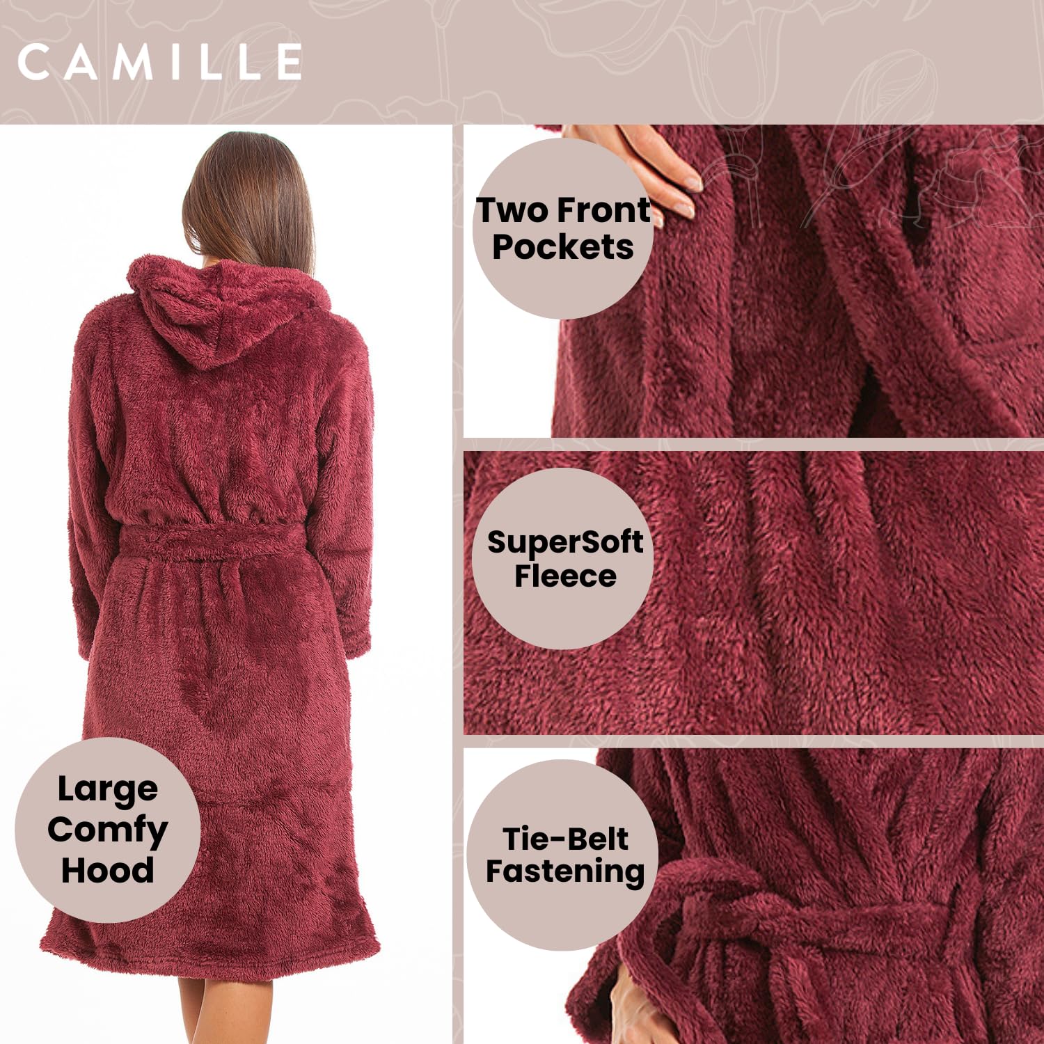 CAMILLE Accappatoi invernali con cappuccio in pile rosa e bordeaux