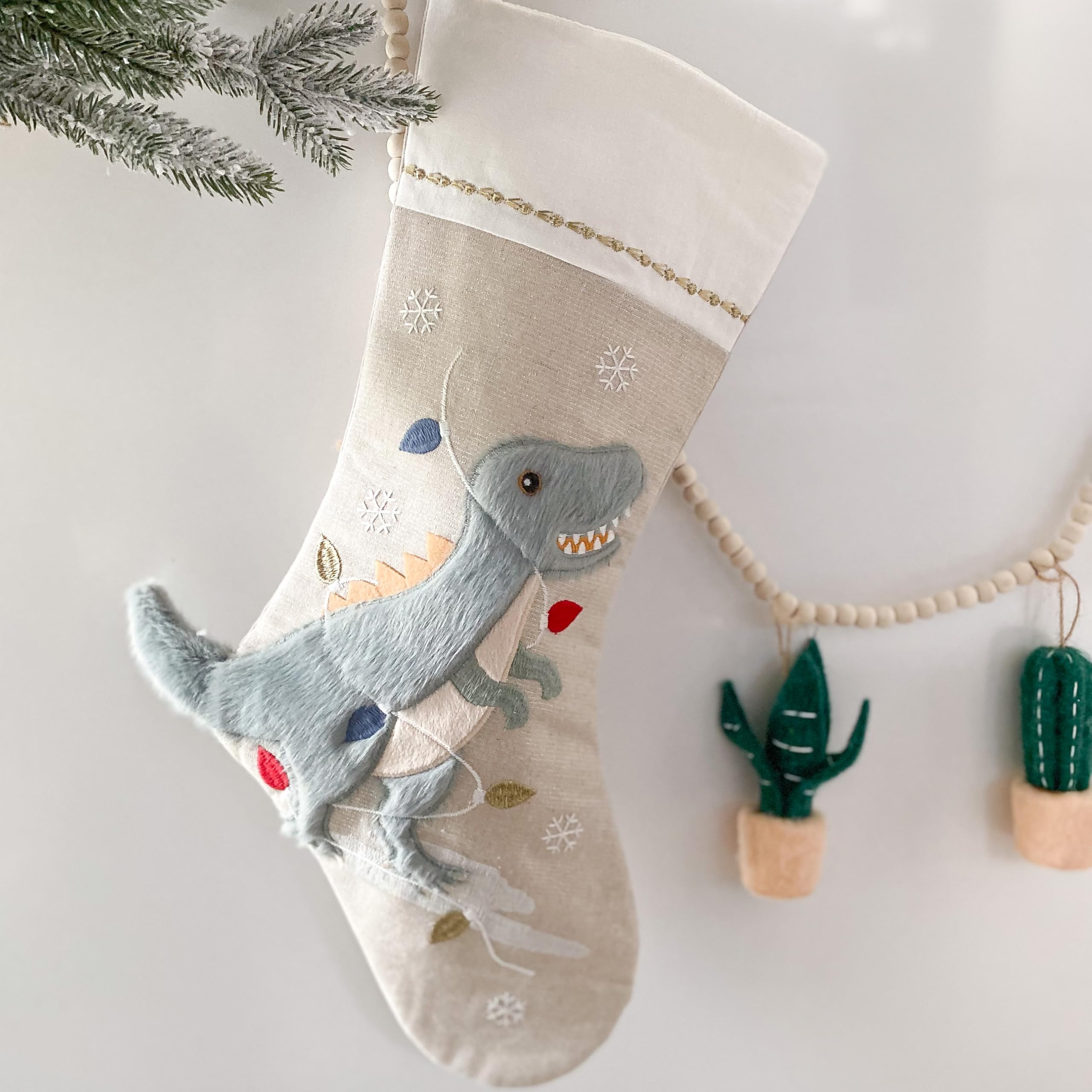 MON AMI Festive Dino Linen Christmas Stocking - 21" Christmas Décor, Perfect for Monogramming, Beige, 21 IN / 53 CM - Image 4