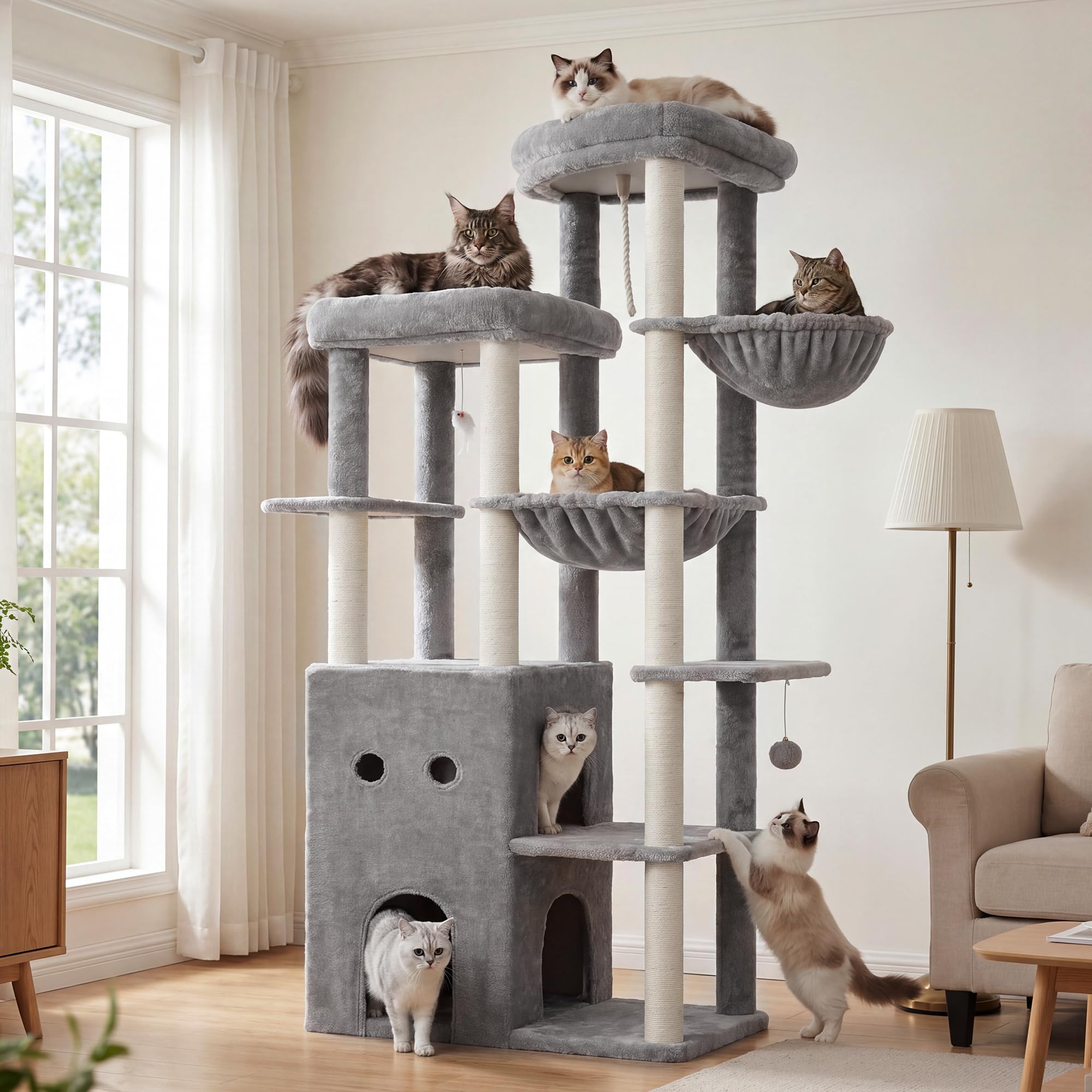 Heybly Árbol para Gatos 177 cm con 2 Plataformas Cesta Hamaca Cueva | 2 plataformas superiores,cueva doble,pelota y ratón de juguete,felpa suave,postes de sisal,para interior, Gris Claro HCT065W