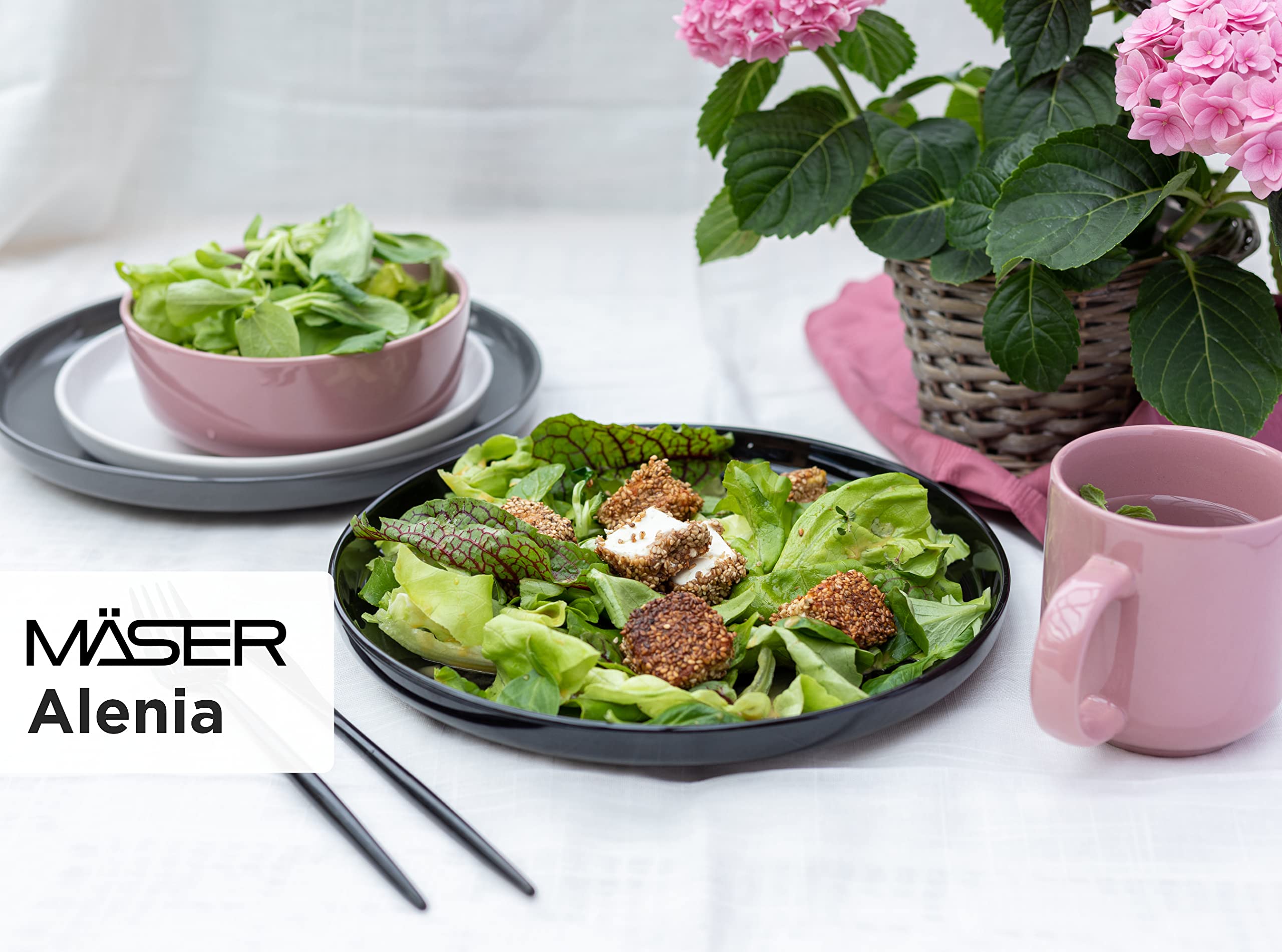 MÄSER 934005 Serie Alenia - Vajilla para 4 personas con diseño moderno escandinavo, 16 piezas de cerámica en color rosa, gres