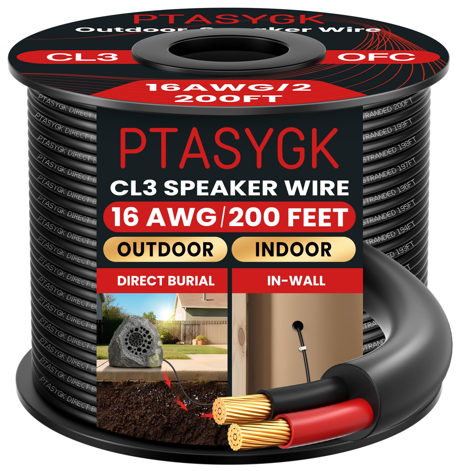 Câble de haut-parleur extérieur 16/2 – Câbles d'enceinte à enfouissement direct OFC CL3 CL2 60 m, câble résistant aux UV pour systèmes audio de jardin, terrasse, piscine